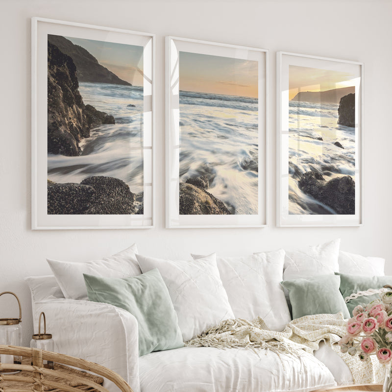 Sunset Cove wave wall art with Rocky Surf - White Framed Poster with White Border - Artworksets