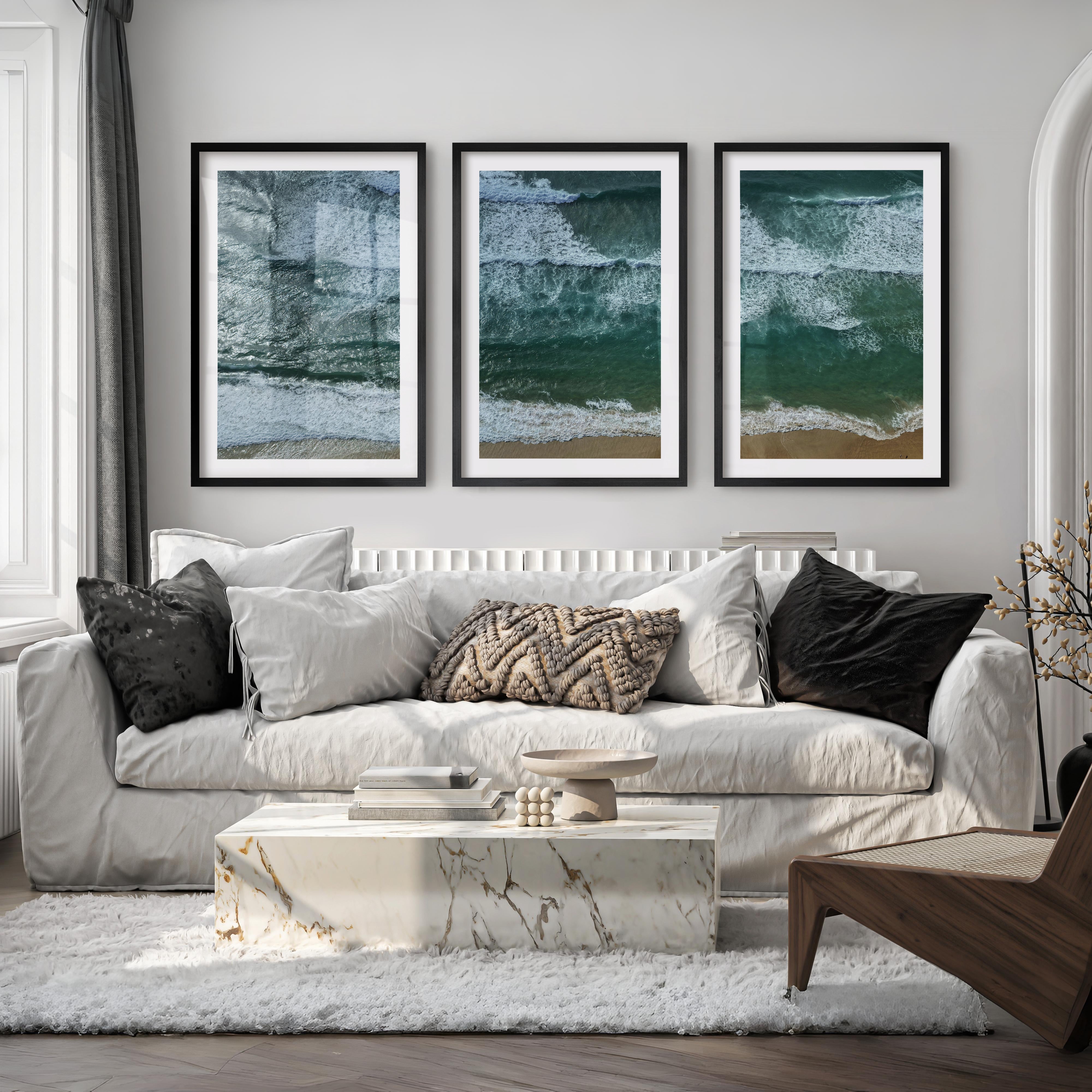 Aerial Beach waves art print - Black Framed Poster with White Border - Artworksets