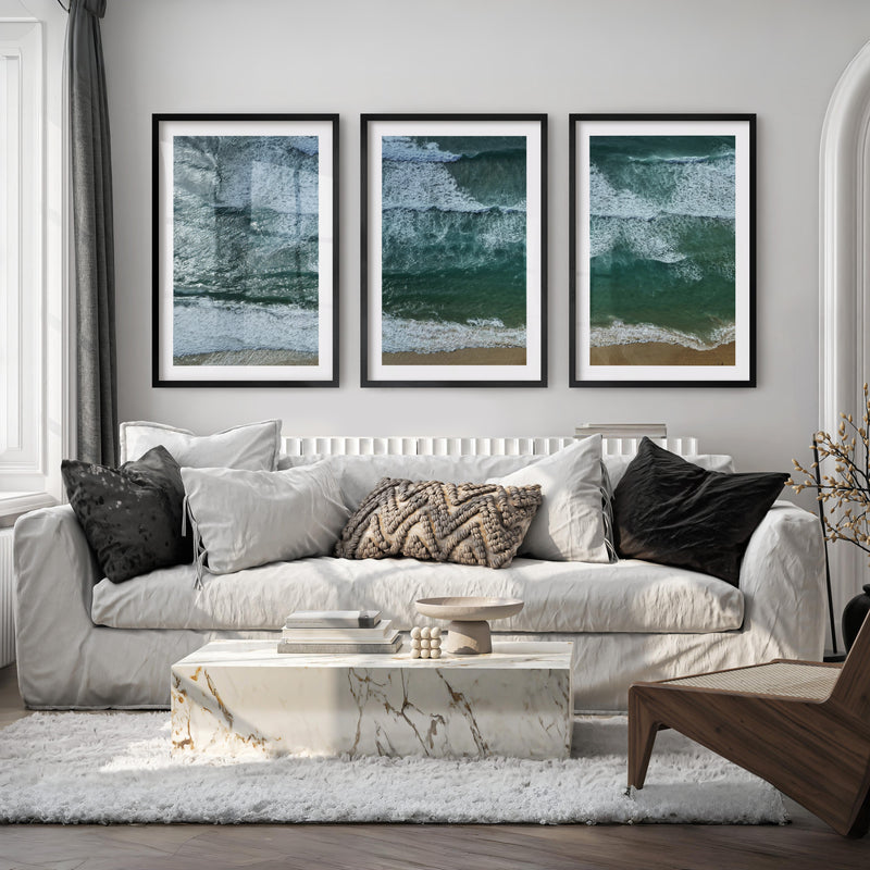Aerial Beach waves art print - Black Framed Poster with White Border - Artworksets