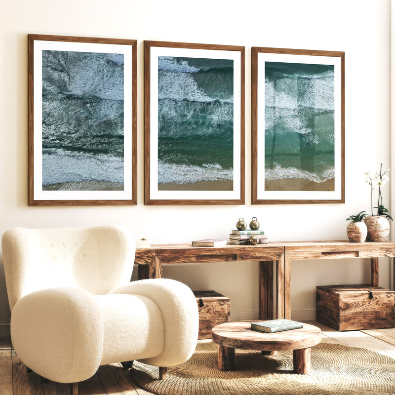 Aerial Beach waves art print - Dark Brown Framed Poster with White Border - Artworksets