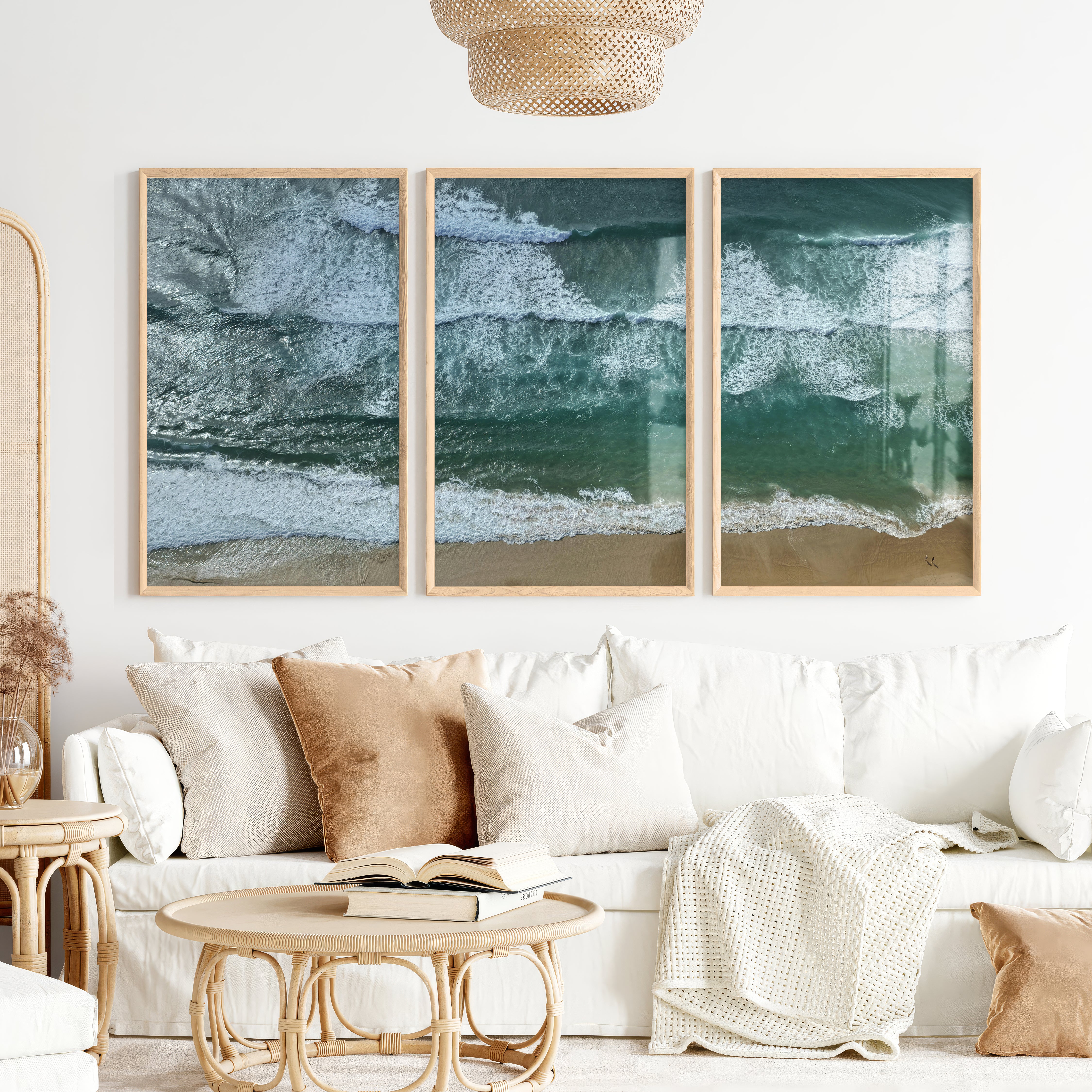 Aerial Beach waves art print - Natural Wood Framed Poster No Border - Artworksets