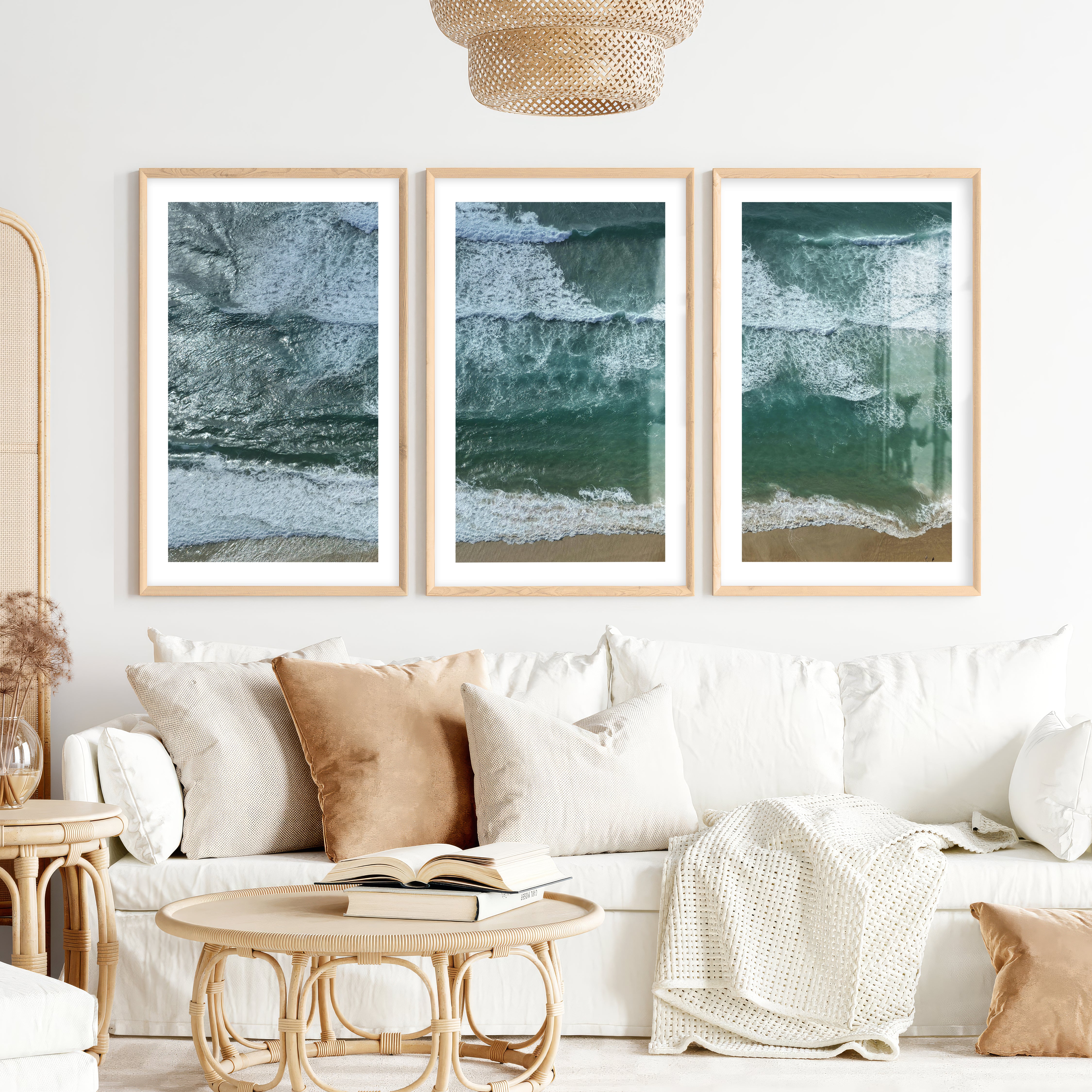 Aerial Beach waves art print- Natural Wood Framed Poster with White Border - Artworksets