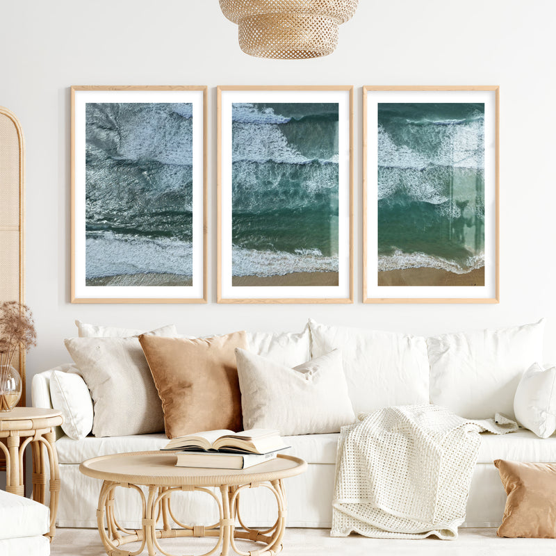 Aerial Beach waves art print- Natural Wood Framed Poster with White Border - Artworksets