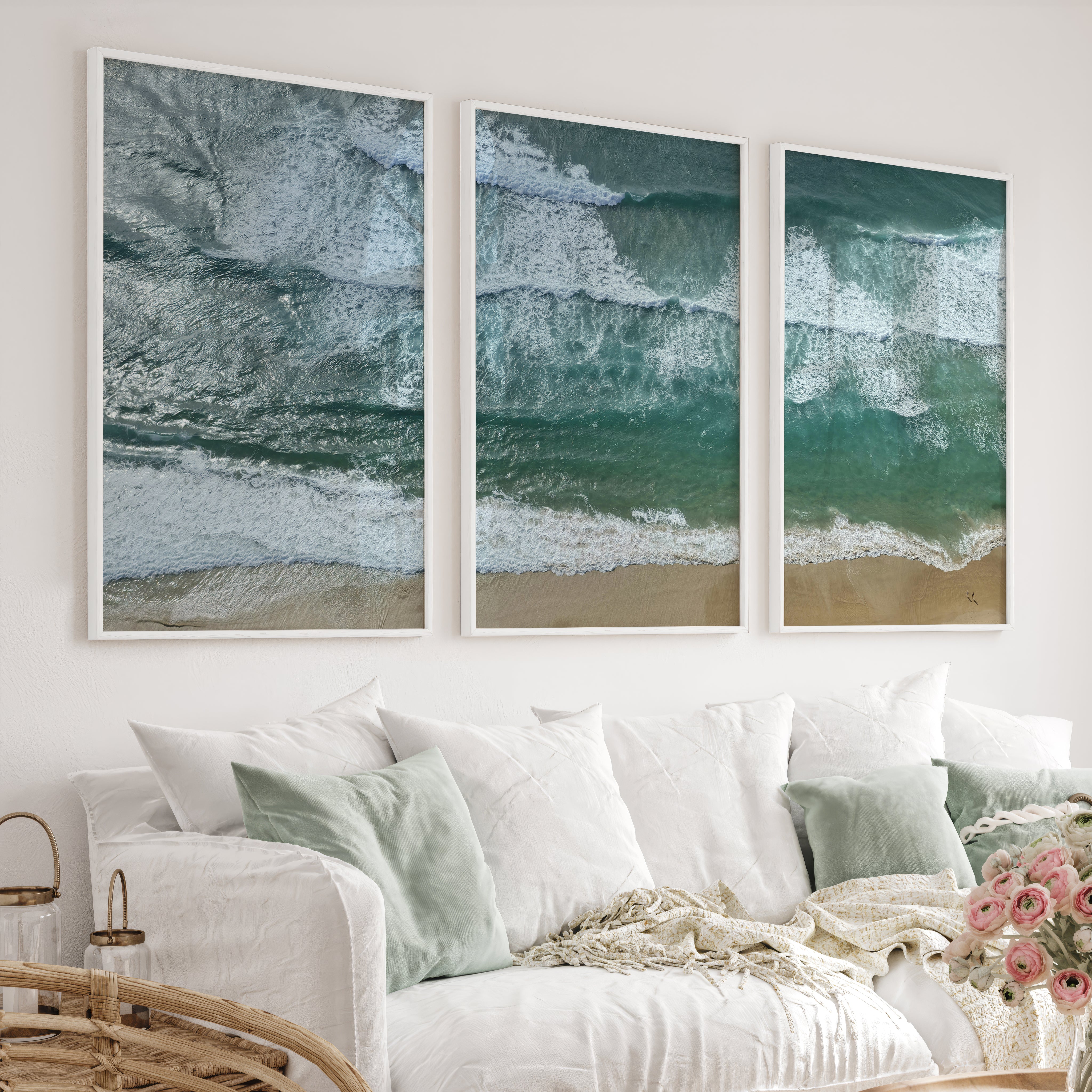 Aerial Beach waves art print - White Framed Poster No Border - Artworksets