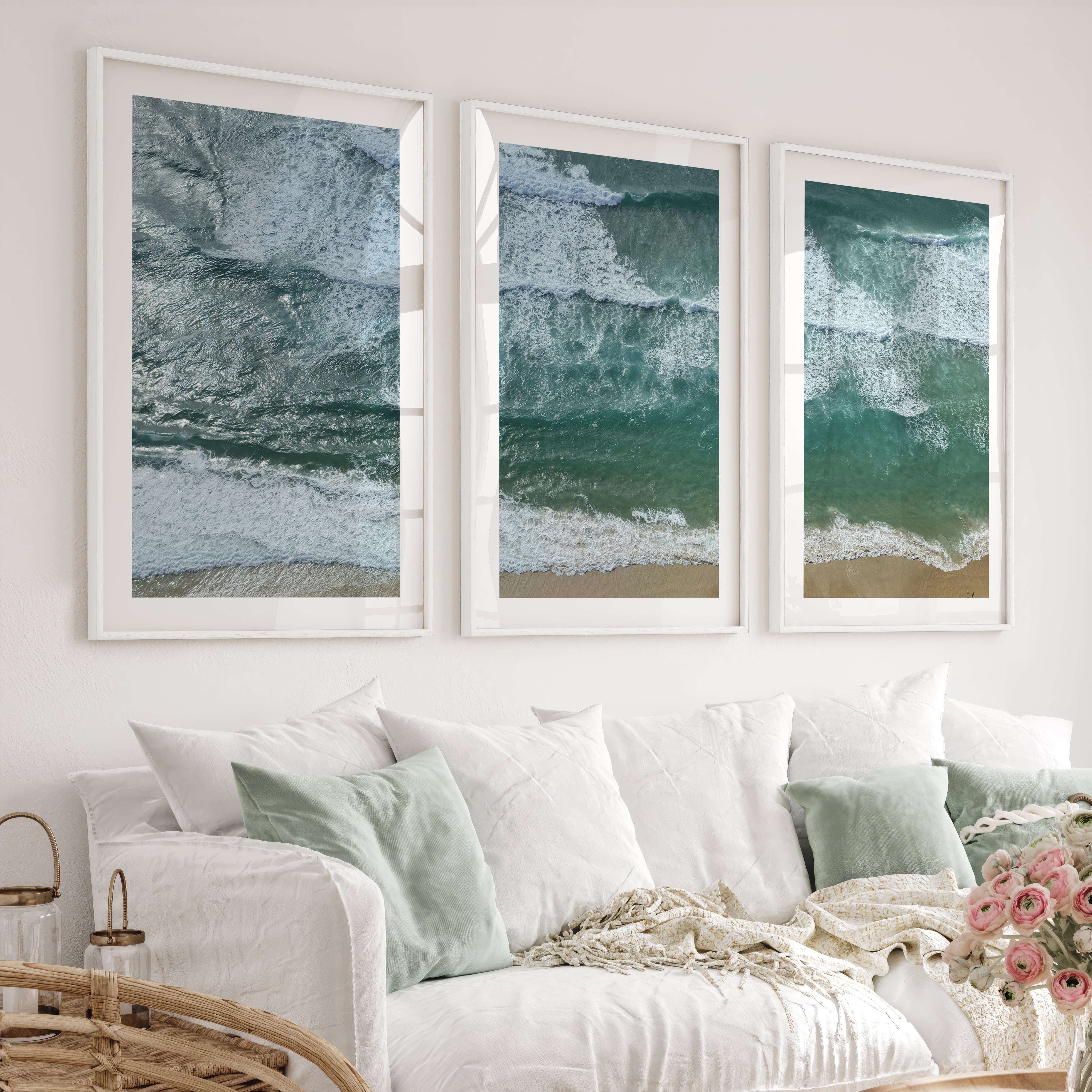 Aerial Beach waves art print - White Framed Poster with White Border - Artworksets