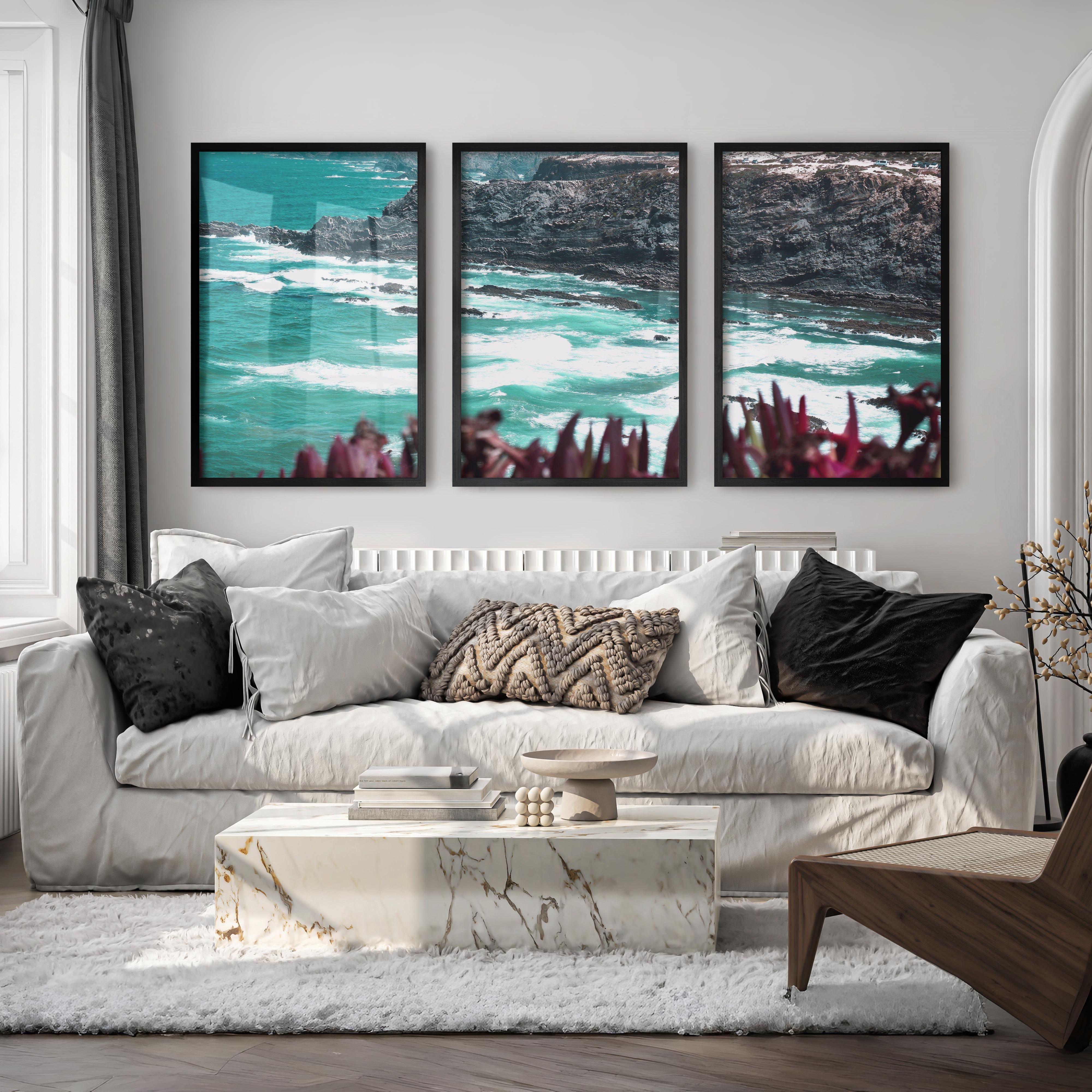 Rocky Coast Wavy Artwork - Black Framed Poster No Border - Artworksets