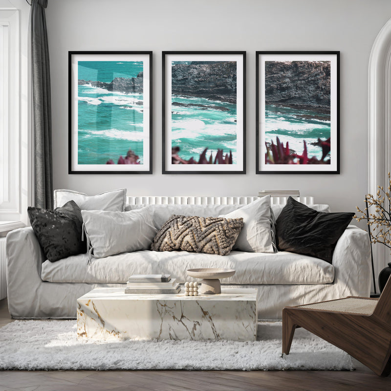 Rocky Coast Wavy Artwork - Black Framed Poster with White Border - Artworksets