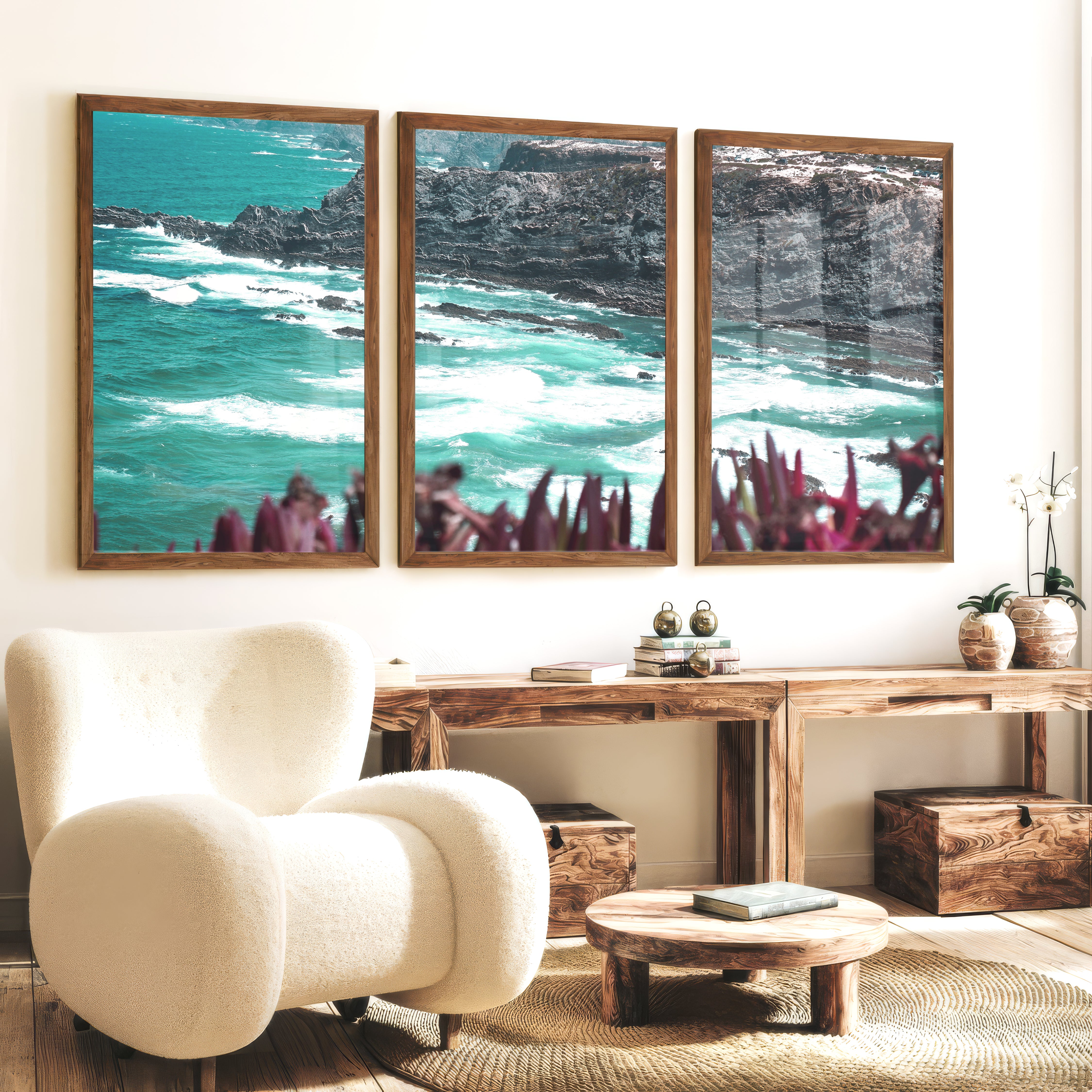 Rocky Coast Wavy Artwork - Dark Brown Framed Poster No Border - Artworksets