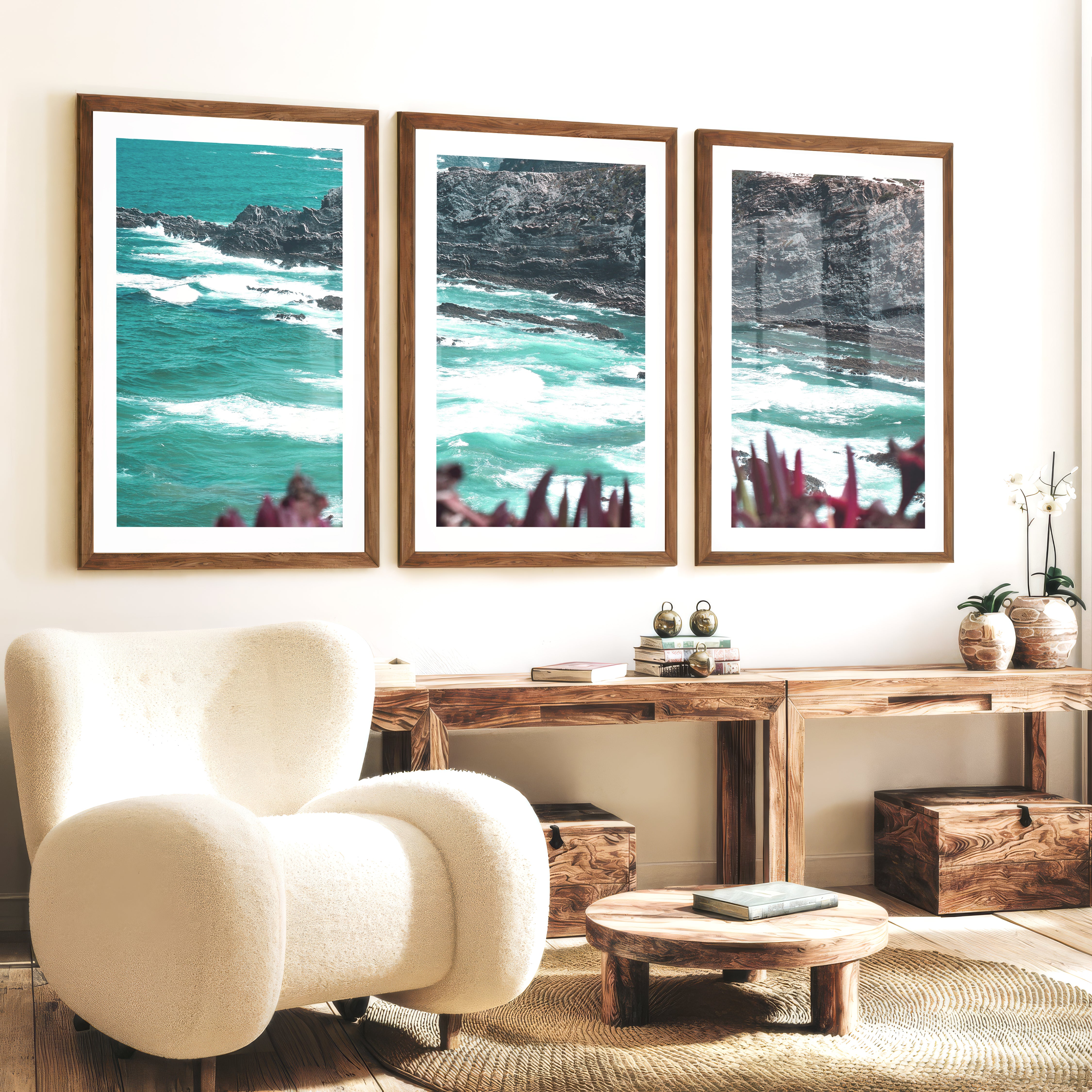 Rocky Coast Wavy Artwork - Dark Brown Framed Poster with White Border - Artworksets