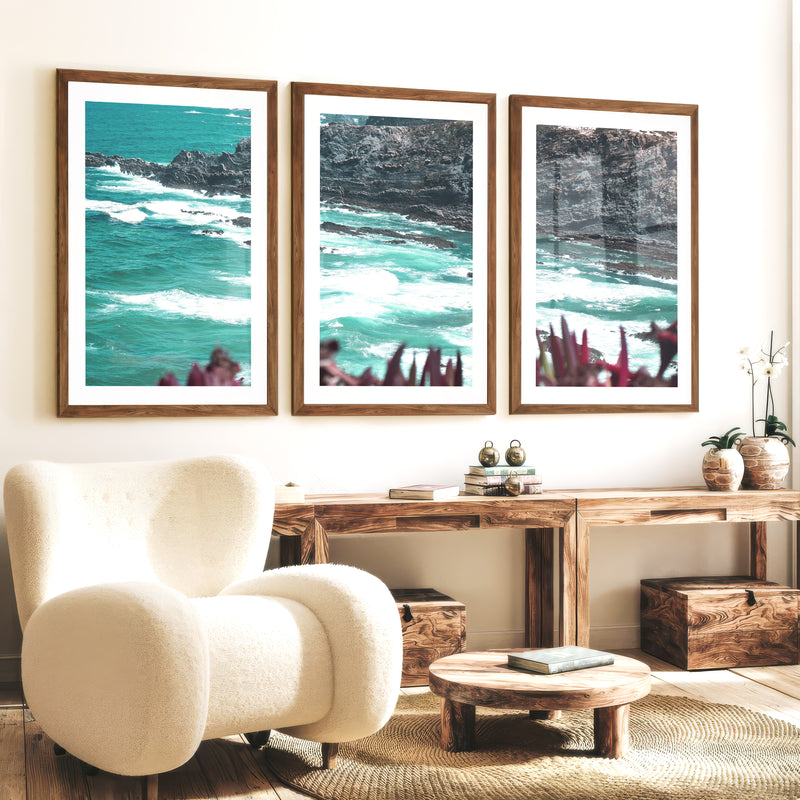 Rocky Coast Wavy Artwork - Dark Brown Framed Poster with White Border - Artworksets