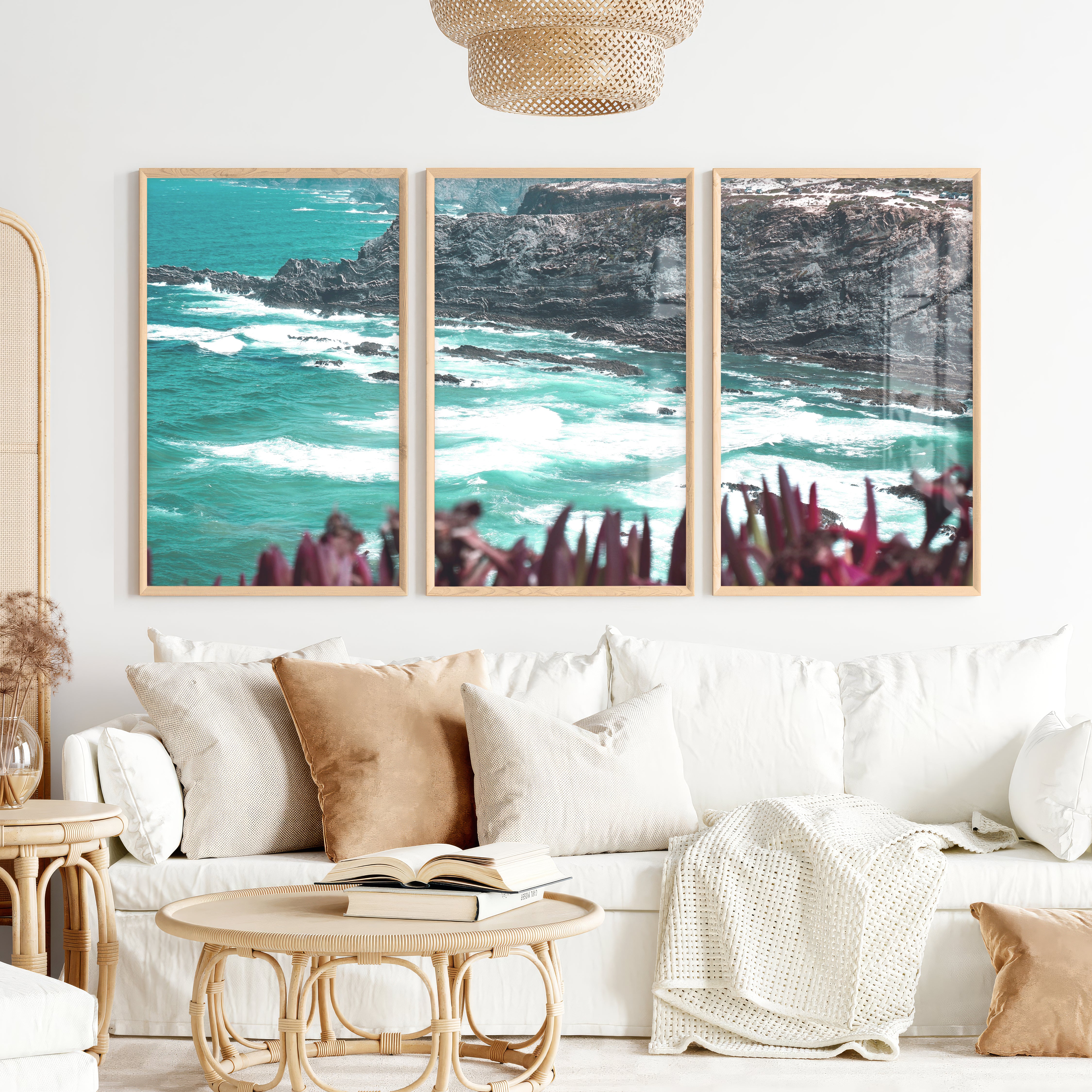 Rocky Coast Wavy Artwork - Natural Wood Framed Poster No Border - Artworksets