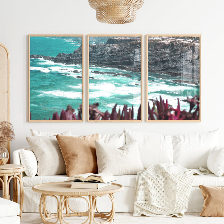 Rocky Coast Wavy Artwork - Natural Wood Framed Poster No Border - Artworksets