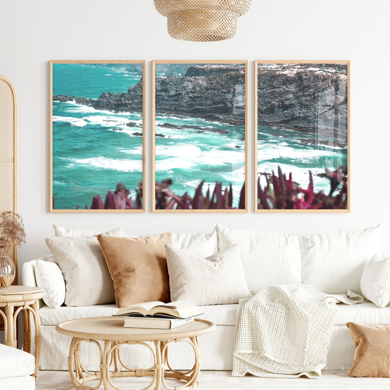 Rocky Coast Wavy Artwork - Natural Wood Framed Poster No Border - Artworksets