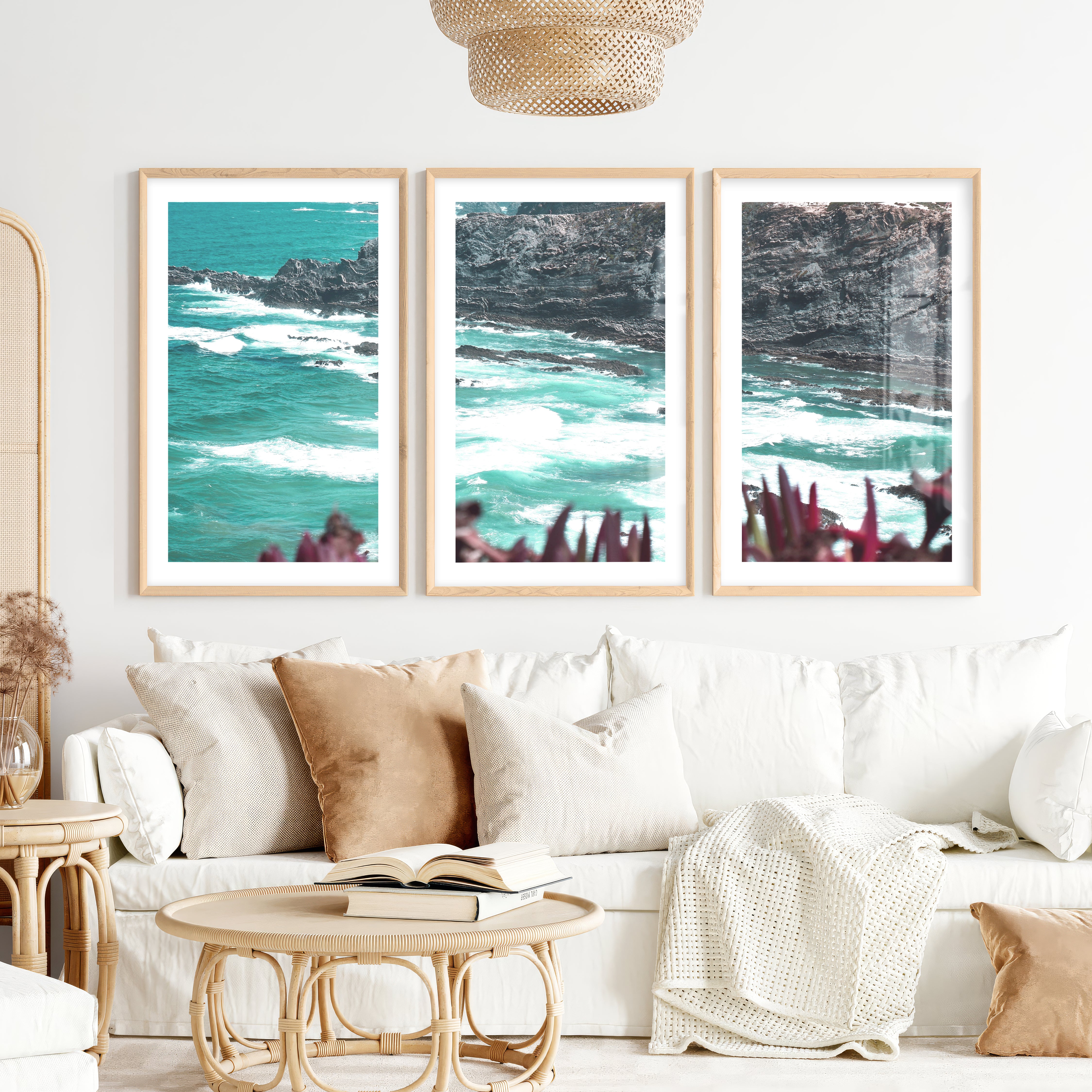 Rocky Coast Wavy Artwork- Natural Wood Framed Poster with White Border - Artworksets