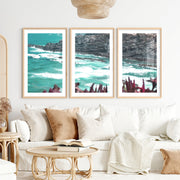 Rocky Coast Wavy Artwork- Natural Wood Framed Poster with White Border - Artworksets