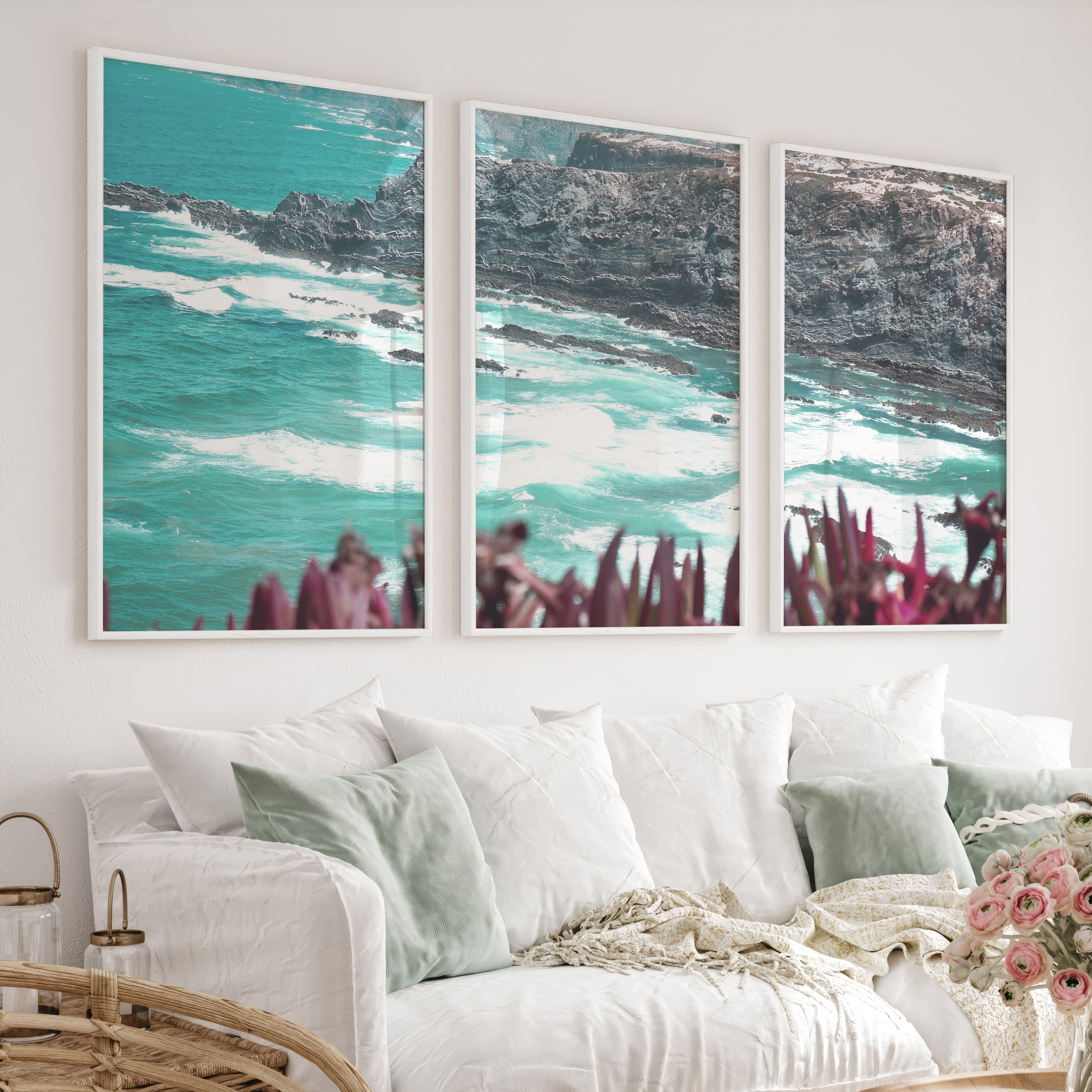 Rocky Coast Wavy Artwork - White Framed Poster No Border - Artworksets