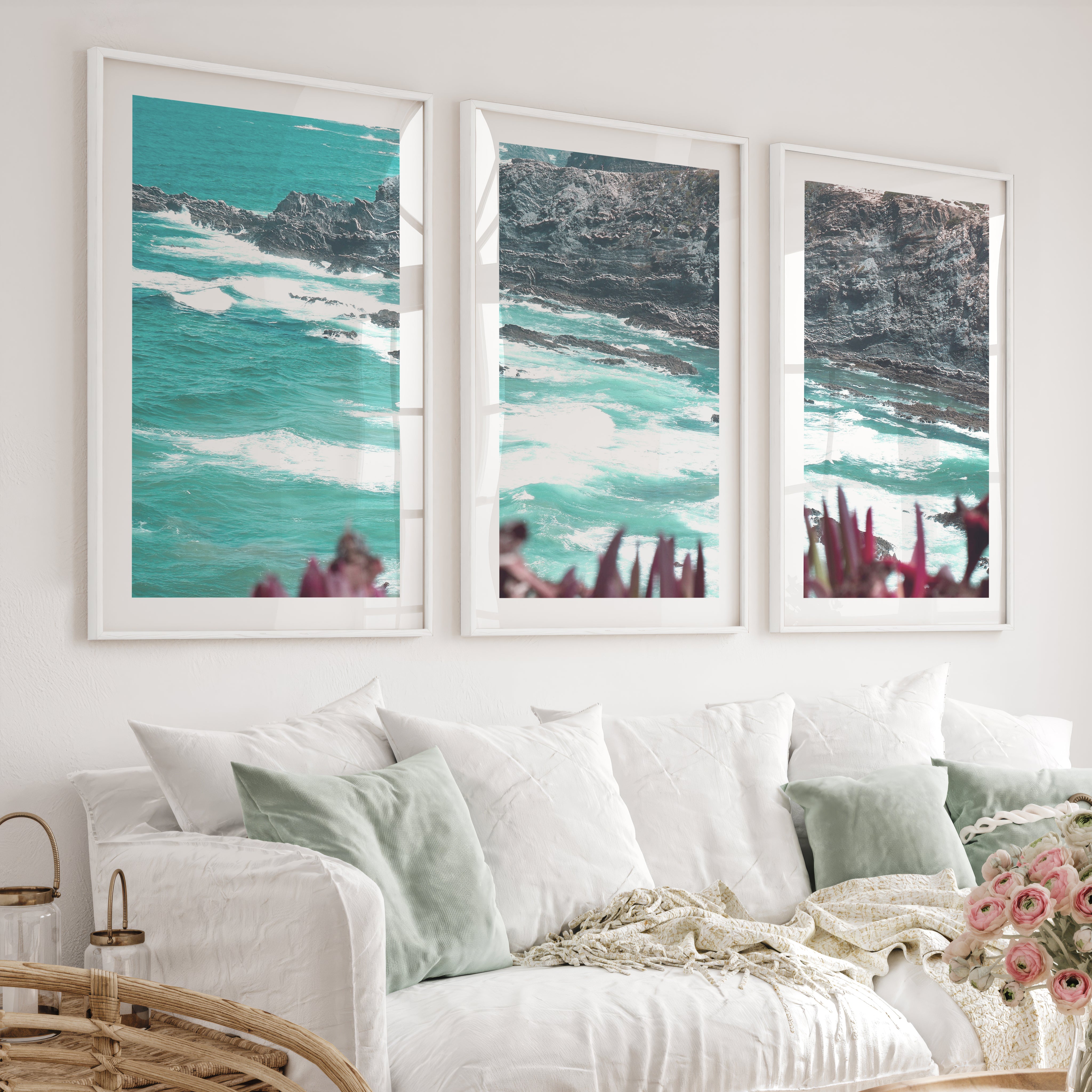 Rocky Coast Wavy Artwork - White Framed Poster with White Border - Artworksets