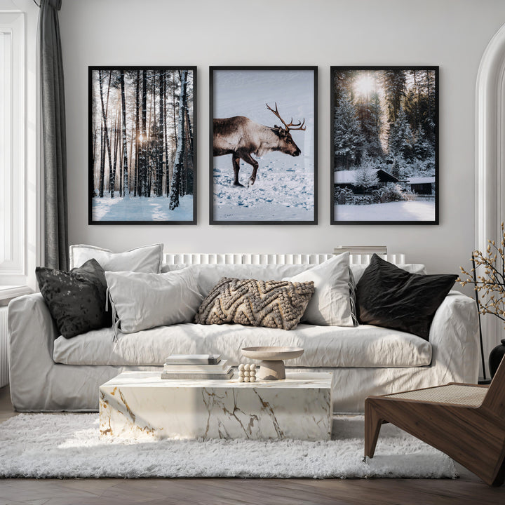 Winter Art Prints – Snowy Deer, Forest & Rustic Cabin - Black Framed Poster No Border - Artworksets
