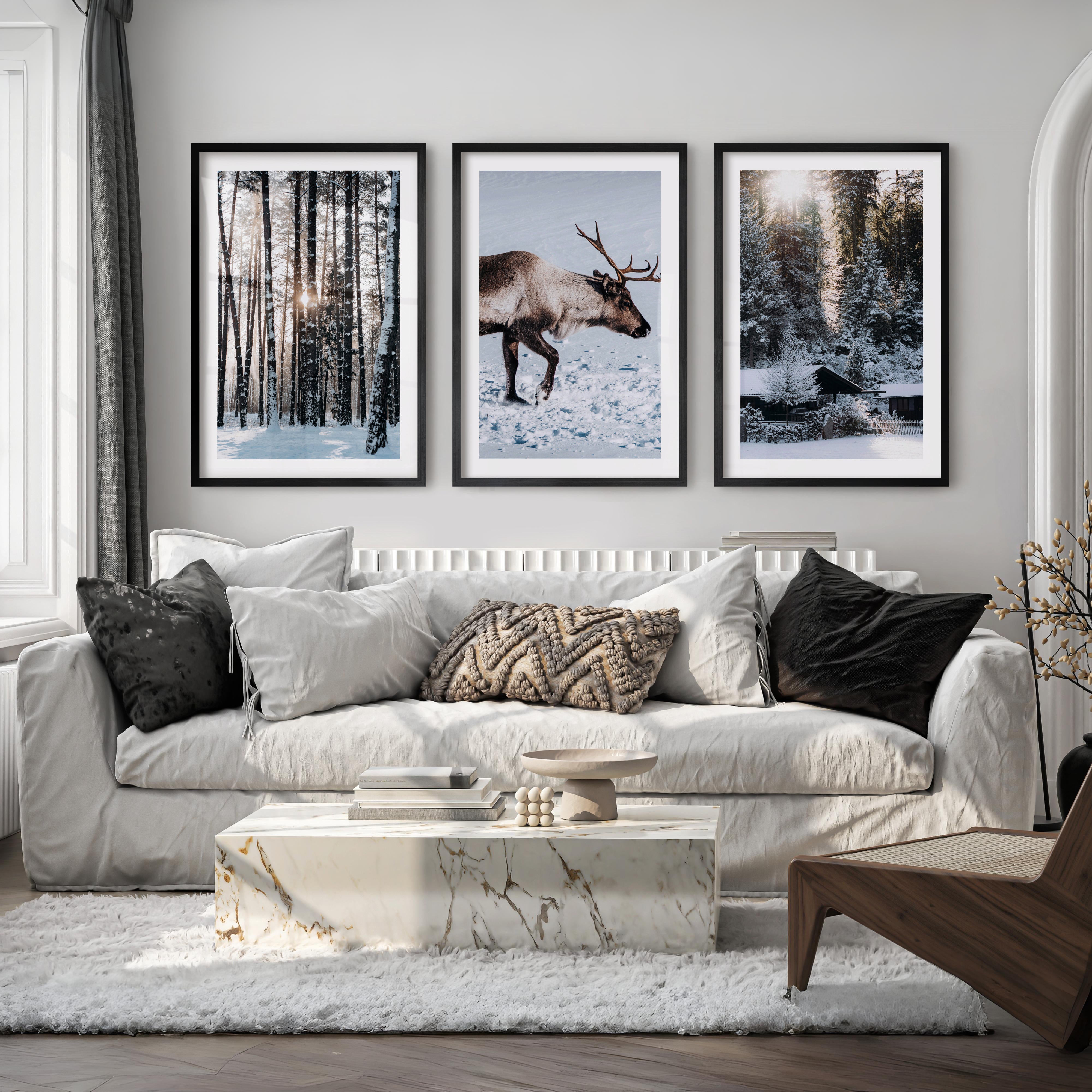 Winter Art Prints – Snowy Deer, Forest & Rustic Cabin - Black Framed Poster with White Border - Artworksets