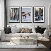 Winter Art Prints – Snowy Deer, Forest & Rustic Cabin - Black Framed Poster with White Border - Artworksets