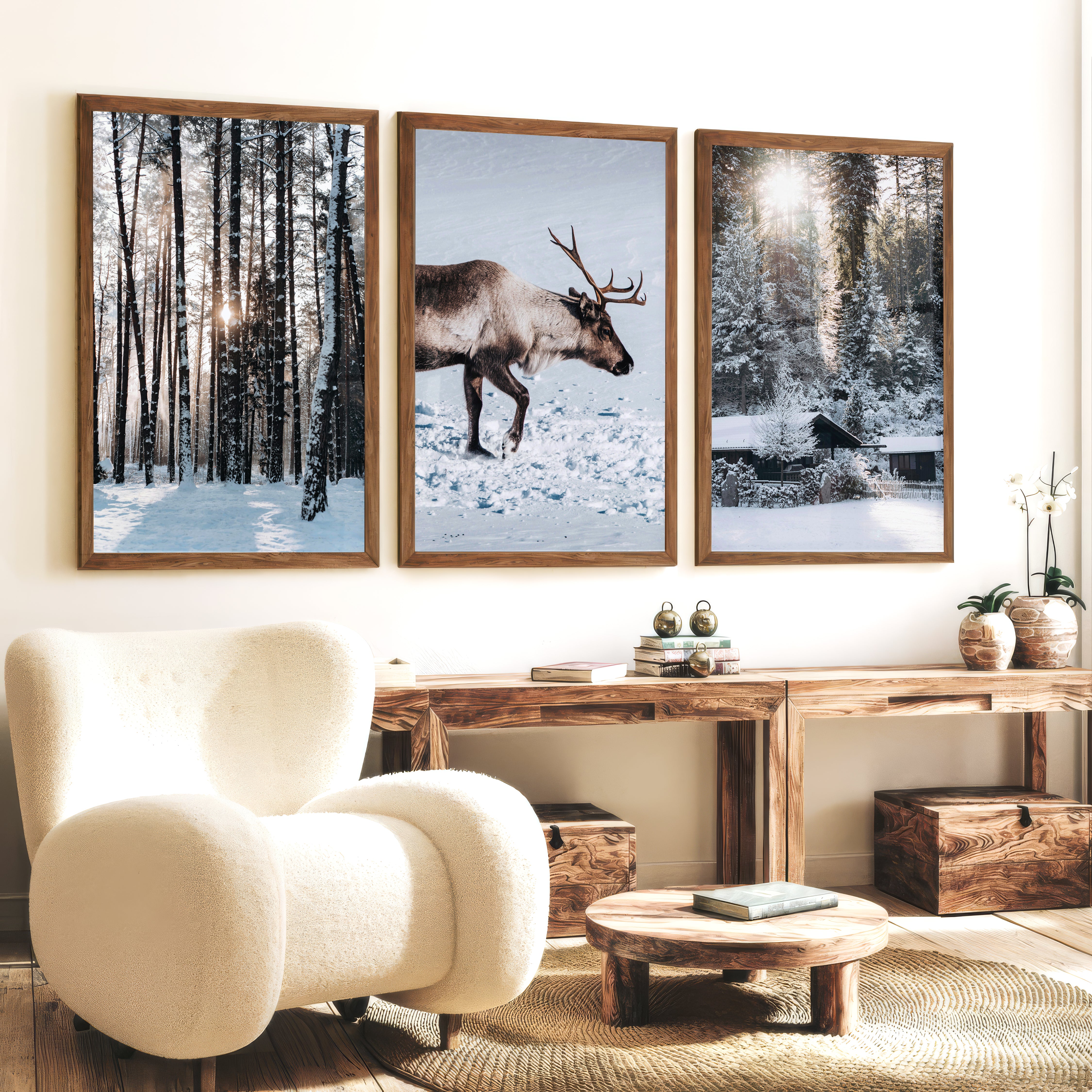 Winter Art Prints – Snowy Deer, Forest & Rustic Cabin - Dark Brown Framed Poster No Border - Artworksets
