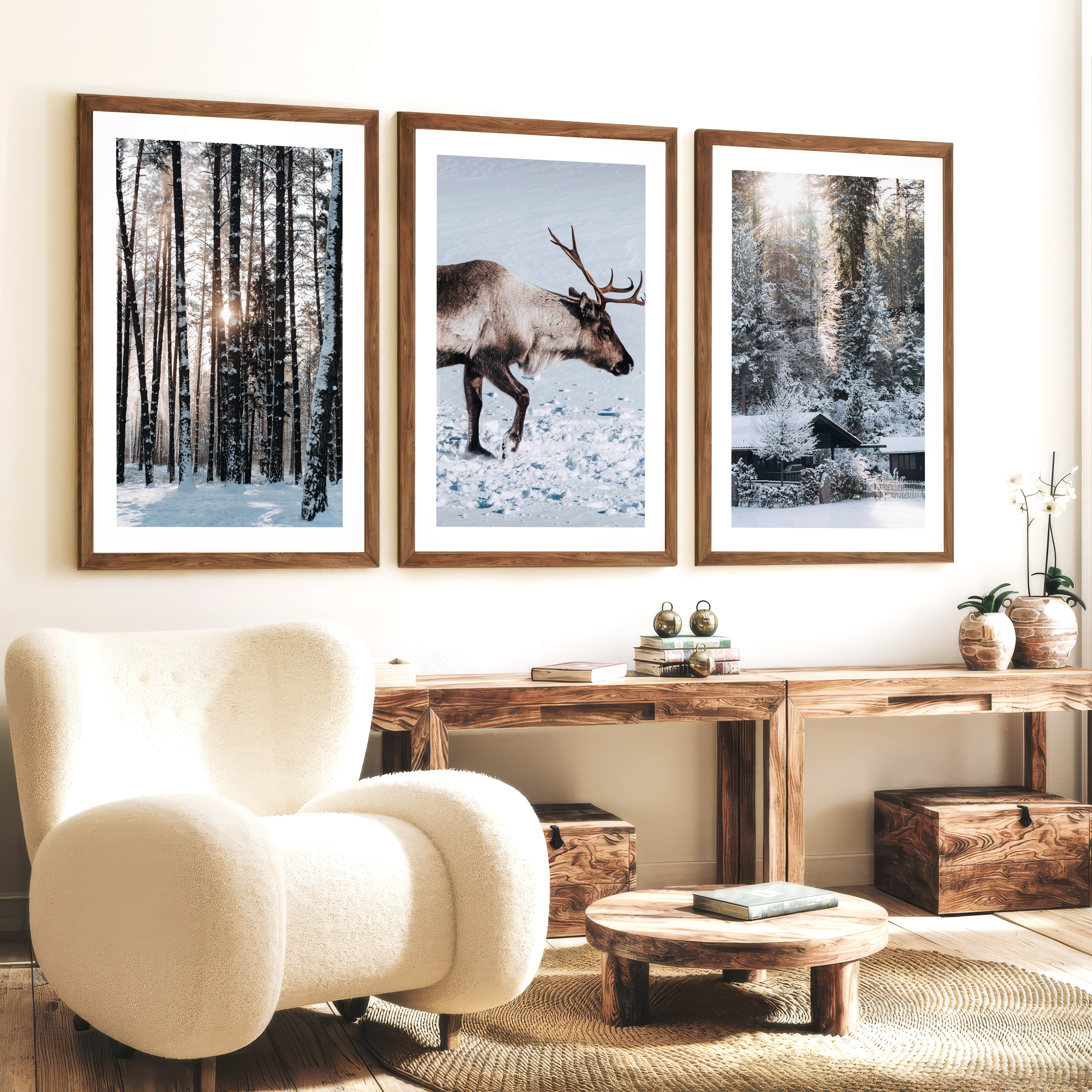 Winter Art Prints – Snowy Deer, Forest & Rustic Cabin - Dark Brown Framed Poster with White Border - Artworksets