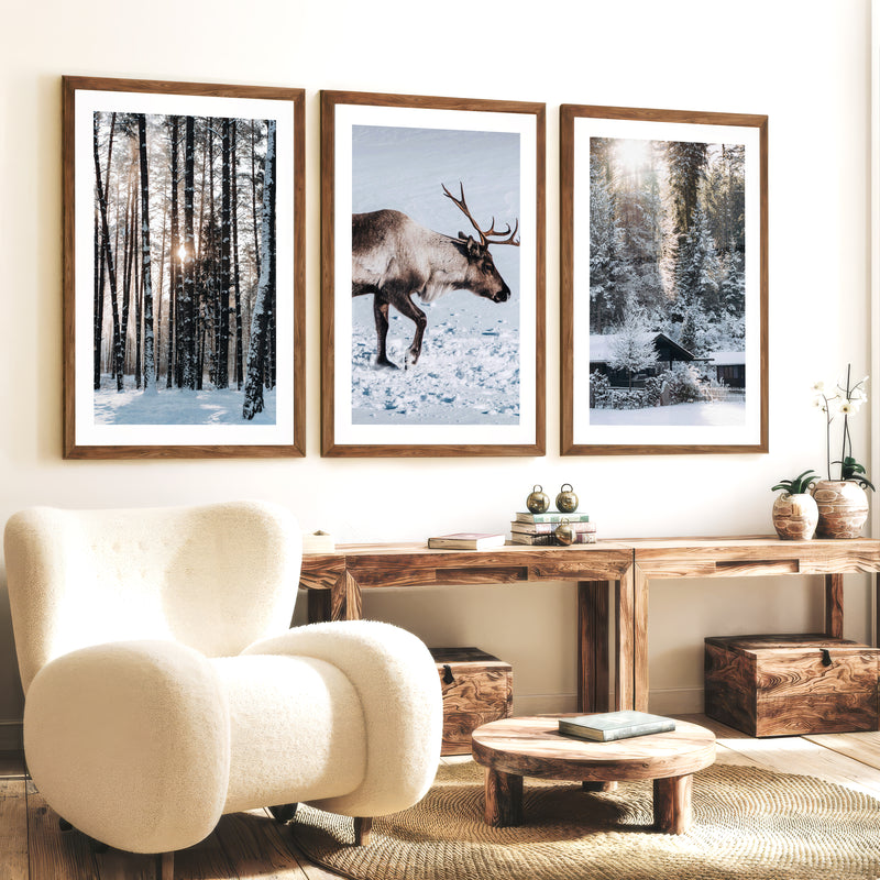Winter Art Prints – Snowy Deer, Forest & Rustic Cabin - Dark Brown Framed Poster with White Border - Artworksets
