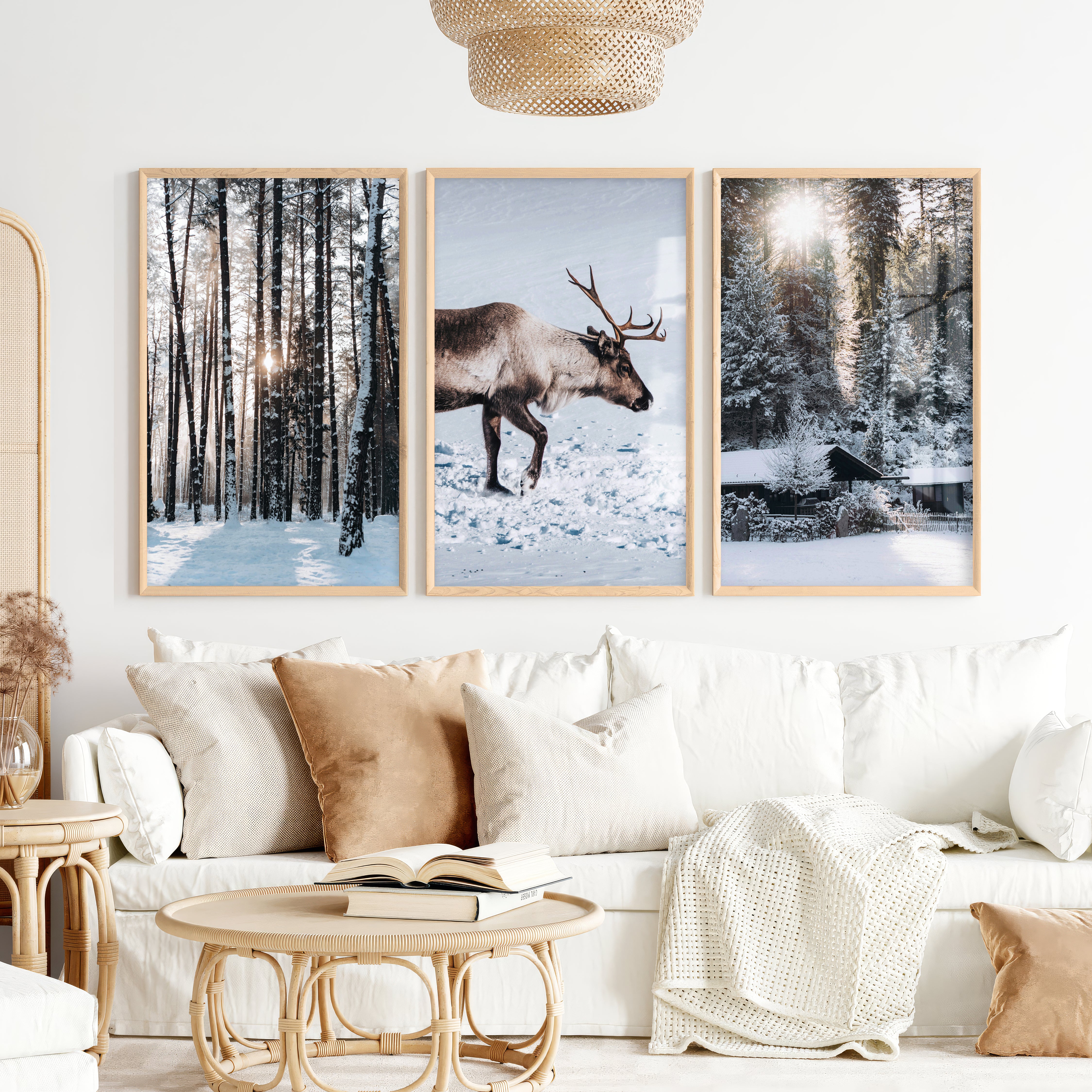 Winter Art Prints – Snowy Deer, Forest & Rustic Cabin - Natural Wood Framed Poster No Border - Artworksets