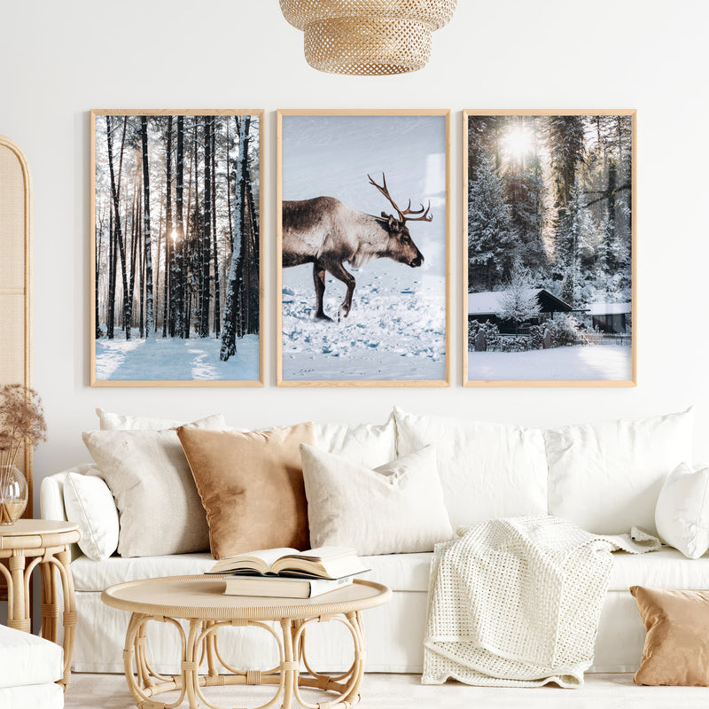Winter Art Prints – Snowy Deer, Forest & Rustic Cabin - Natural Wood Framed Poster No Border - Artworksets