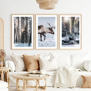 Winter Art Prints – Snowy Deer, Forest & Rustic Cabin- Natural Wood Framed Poster with White Border - Artworksets