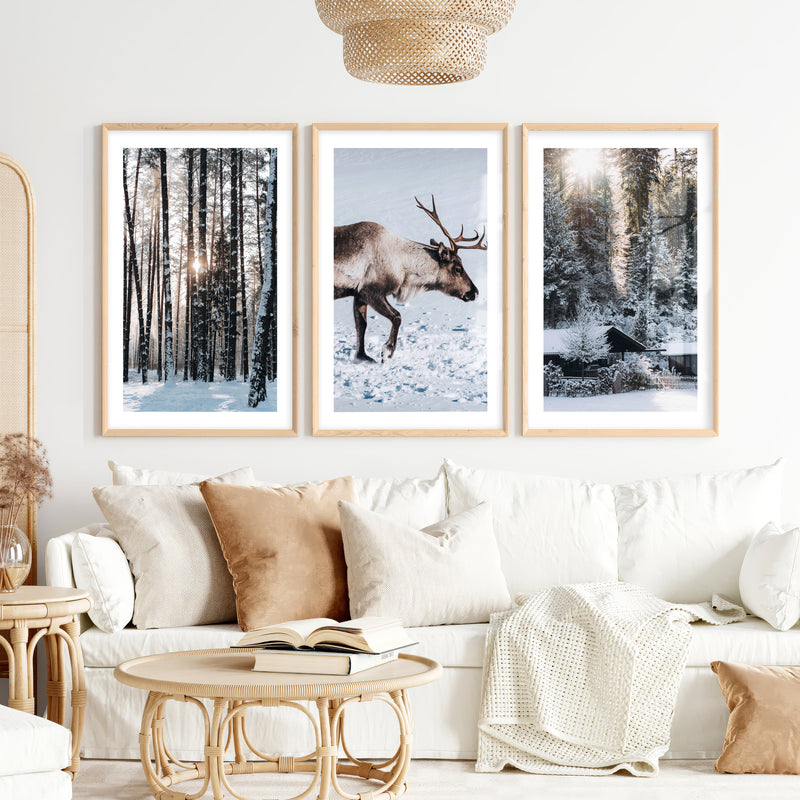 Winter Art Prints – Snowy Deer, Forest & Rustic Cabin- Natural Wood Framed Poster with White Border - Artworksets
