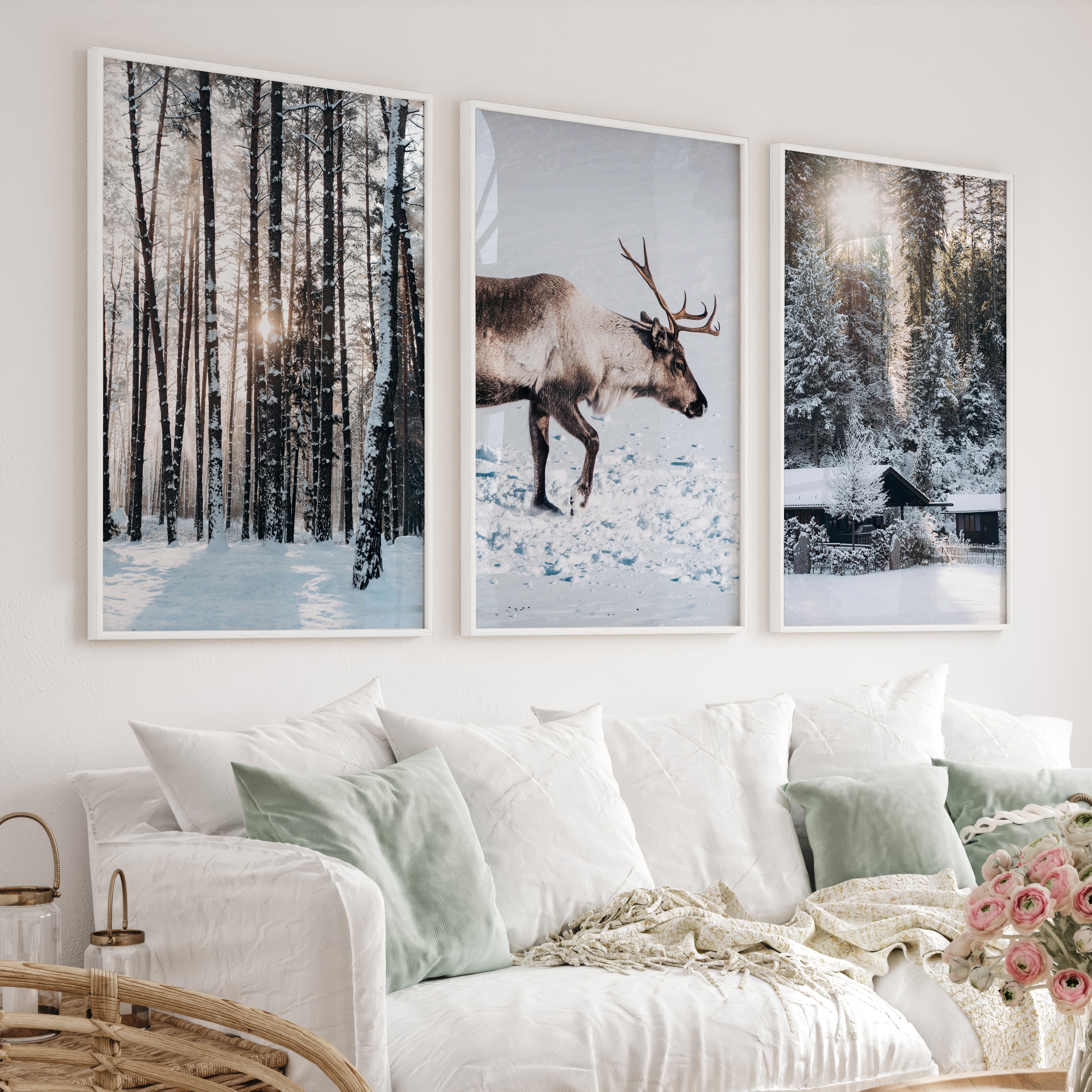 Winter Art Prints – Snowy Deer, Forest & Rustic Cabin - White Framed Poster No Border - Artworksets