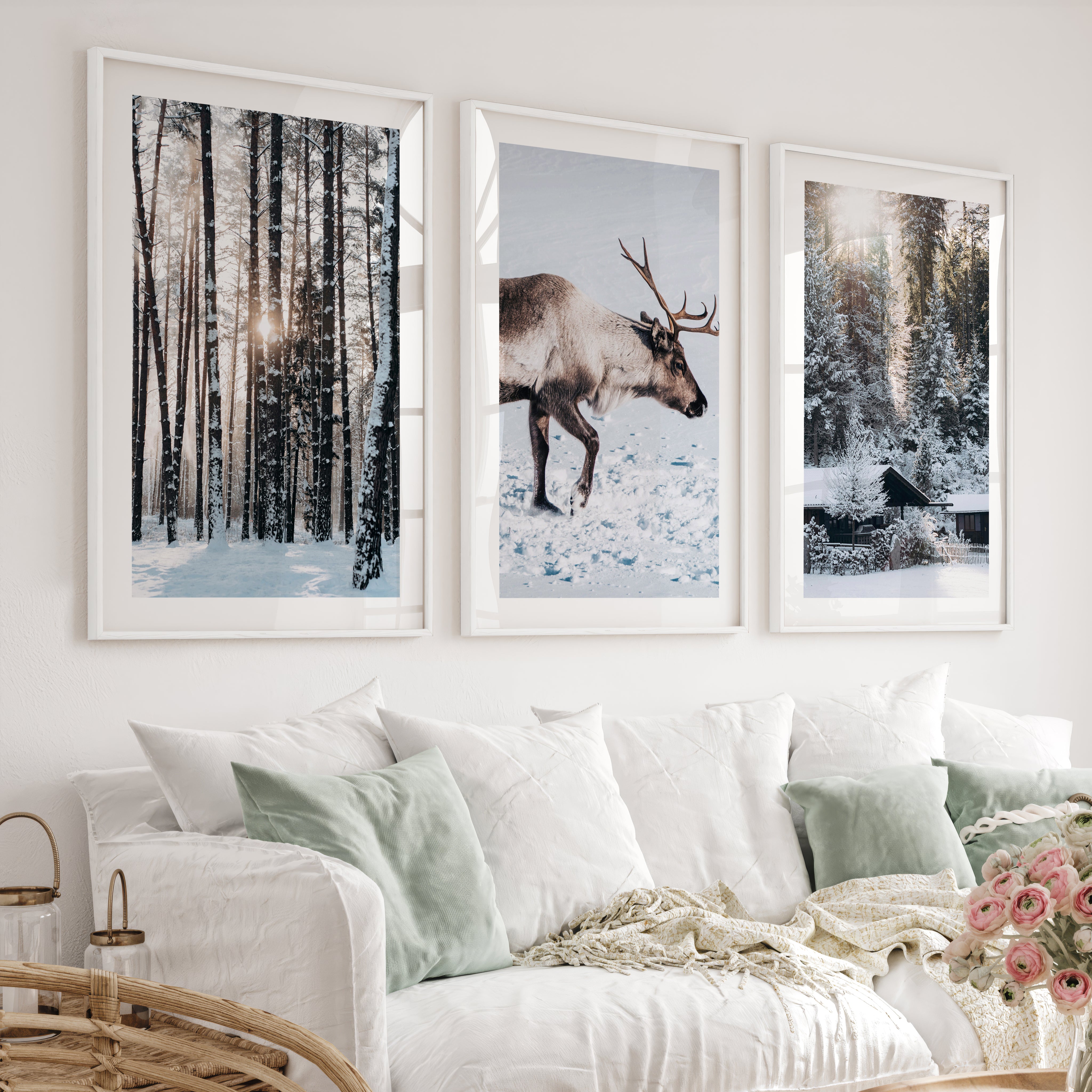 Winter Art Prints – Snowy Deer, Forest & Rustic Cabin - White Framed Poster with White Border - Artworksets