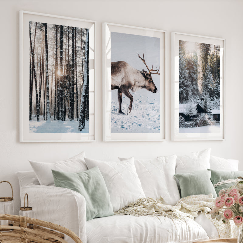 Winter Art Prints – Snowy Deer, Forest & Rustic Cabin - White Framed Poster with White Border - Artworksets