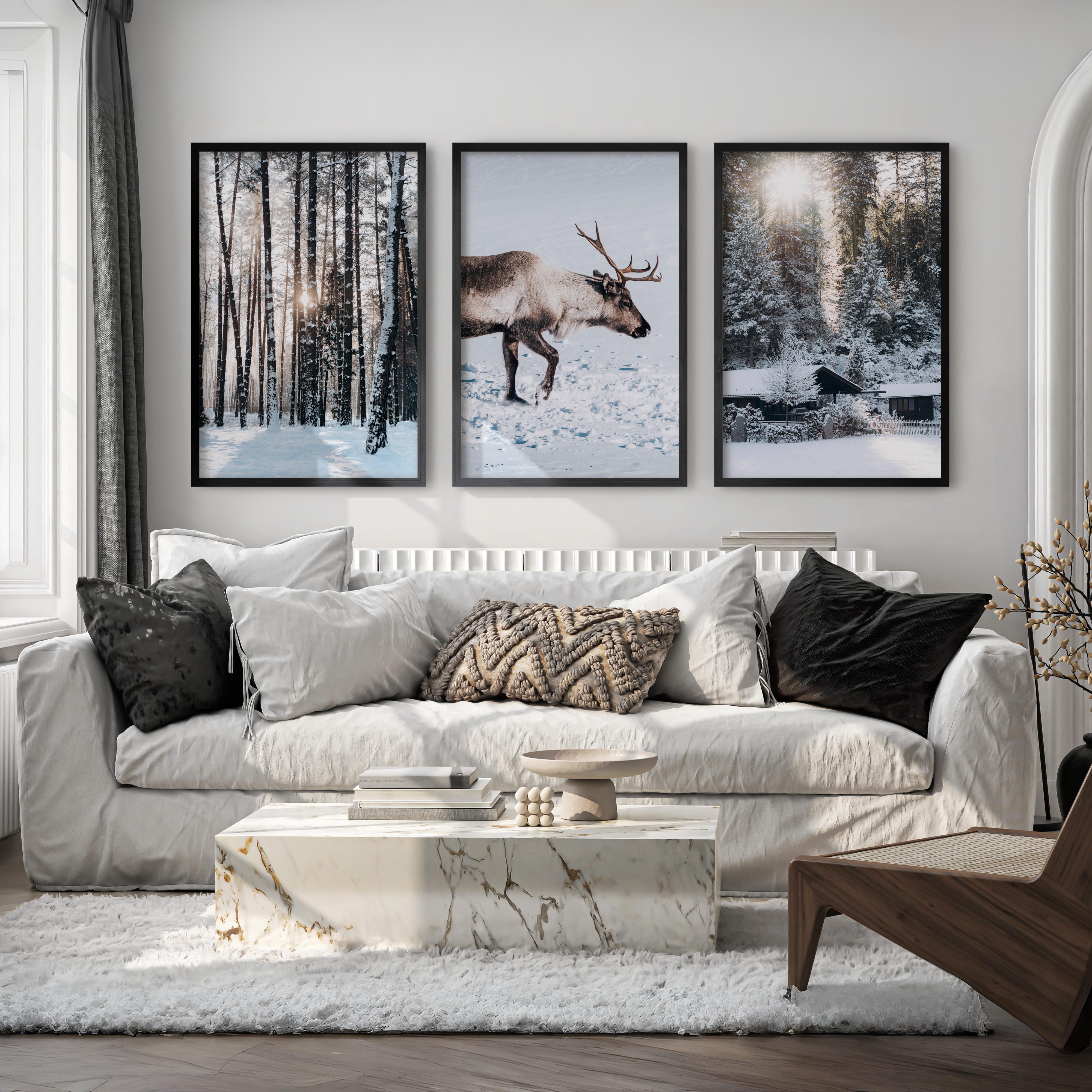 Winter Art Prints – Snowy Deer, Forest & Rustic Cabin - Black Framed Poster No Border - Artworksets