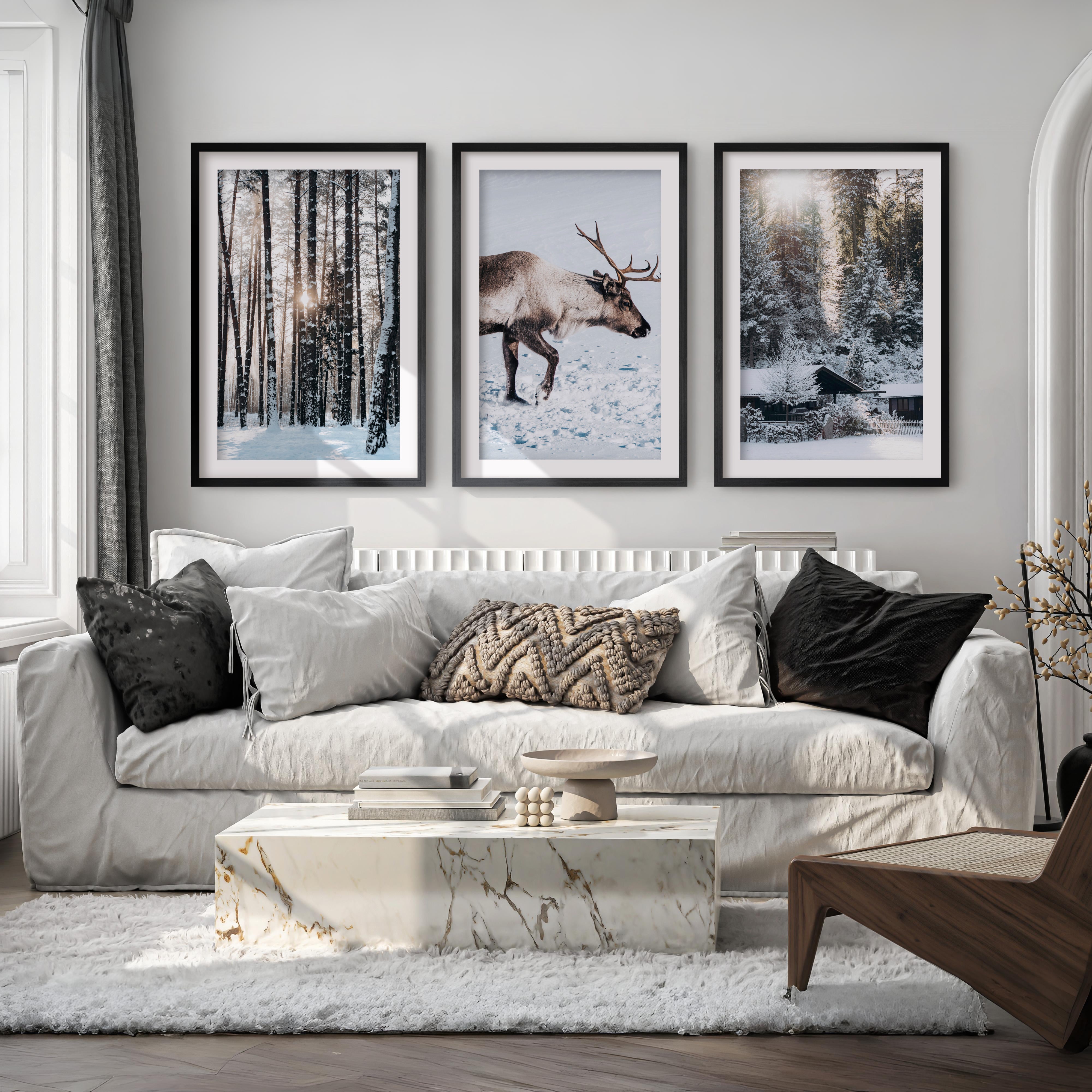 Winter Art Prints – Snowy Deer, Forest & Rustic Cabin - Black Framed Poster with White Border - Artworksets
