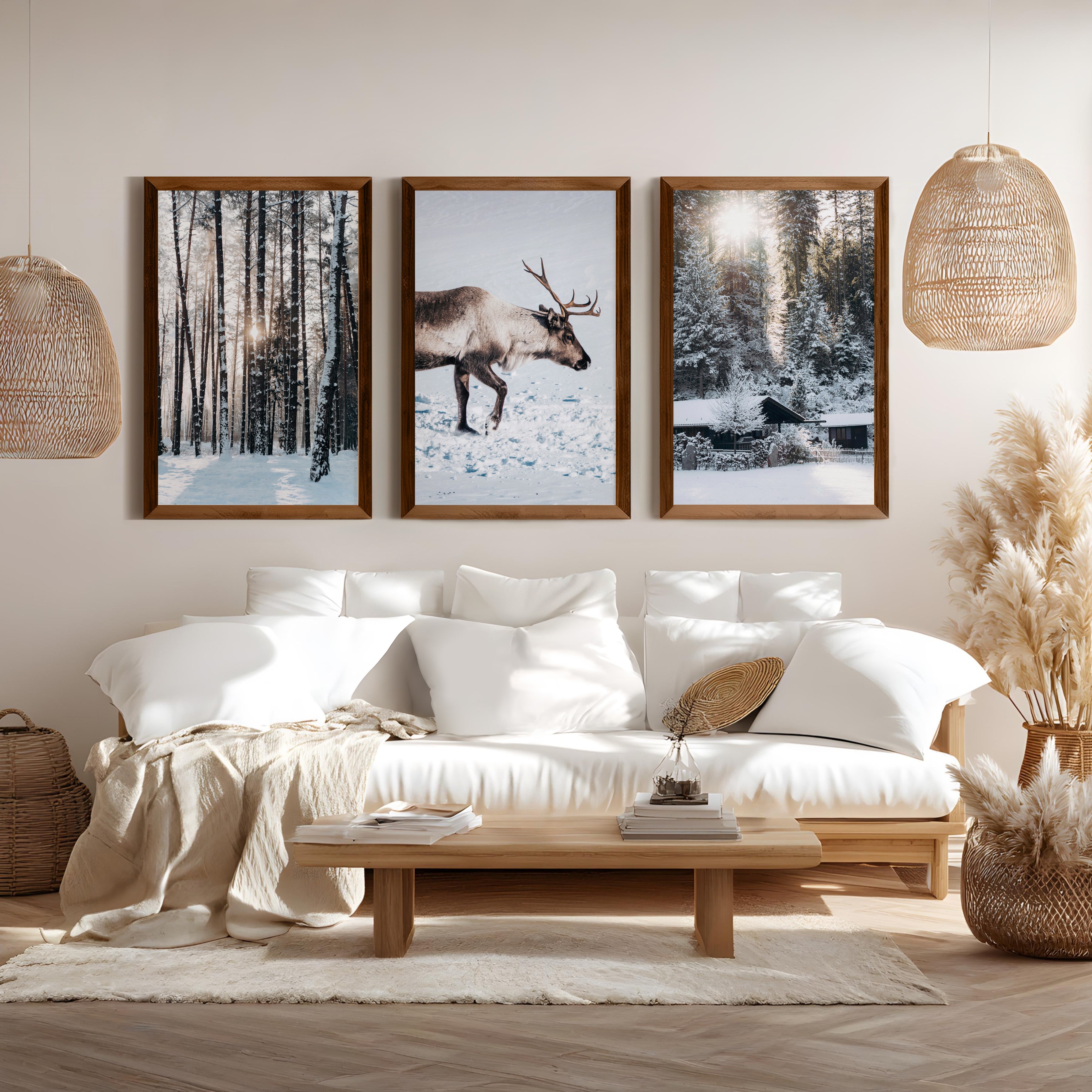 Winter Art Prints – Snowy Deer, Forest & Rustic Cabin - Dark Brown Framed Poster No Border - Artworksets