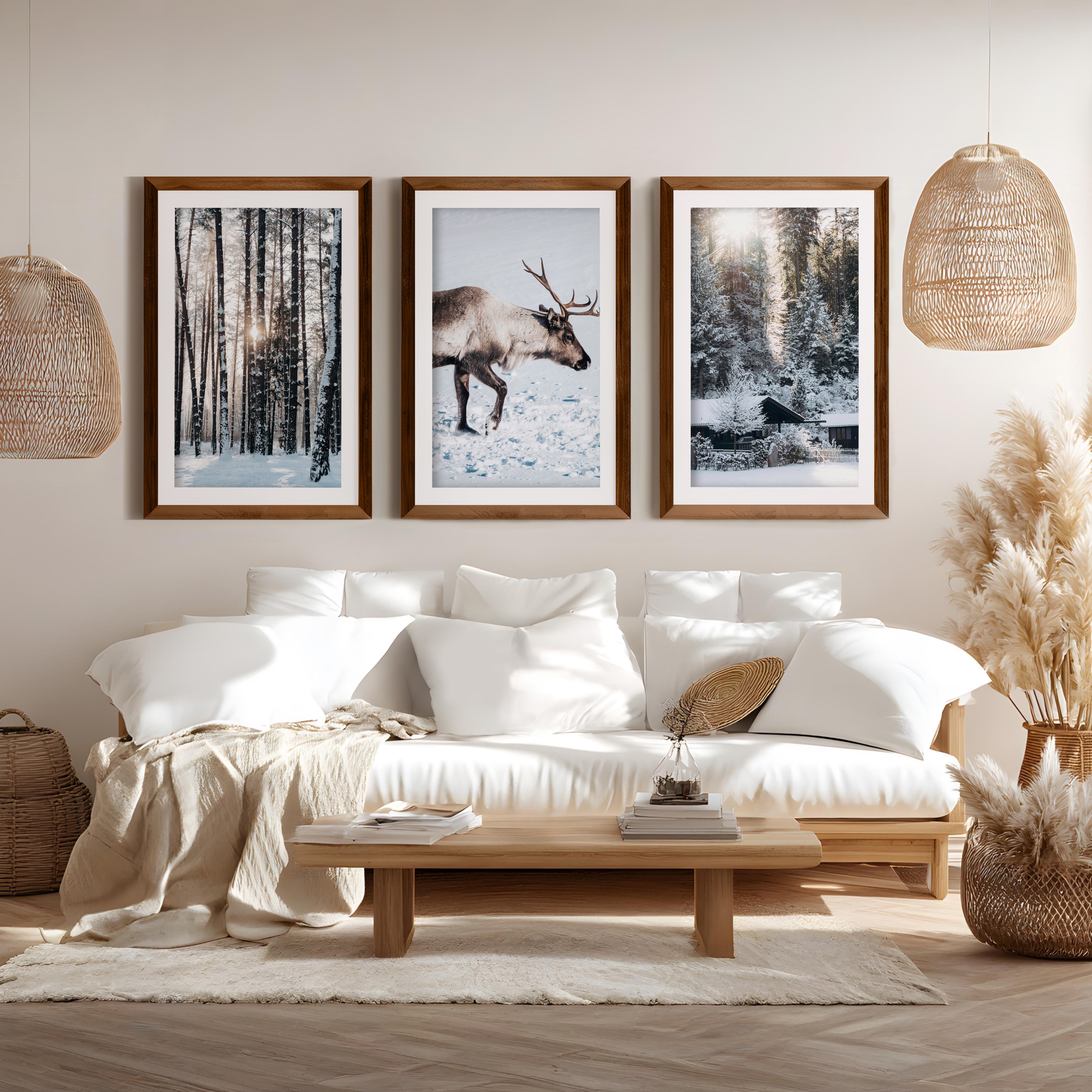 Winter Art Prints – Snowy Deer, Forest & Rustic Cabin - Dark Brown Framed Poster with White Border - Artworksets
