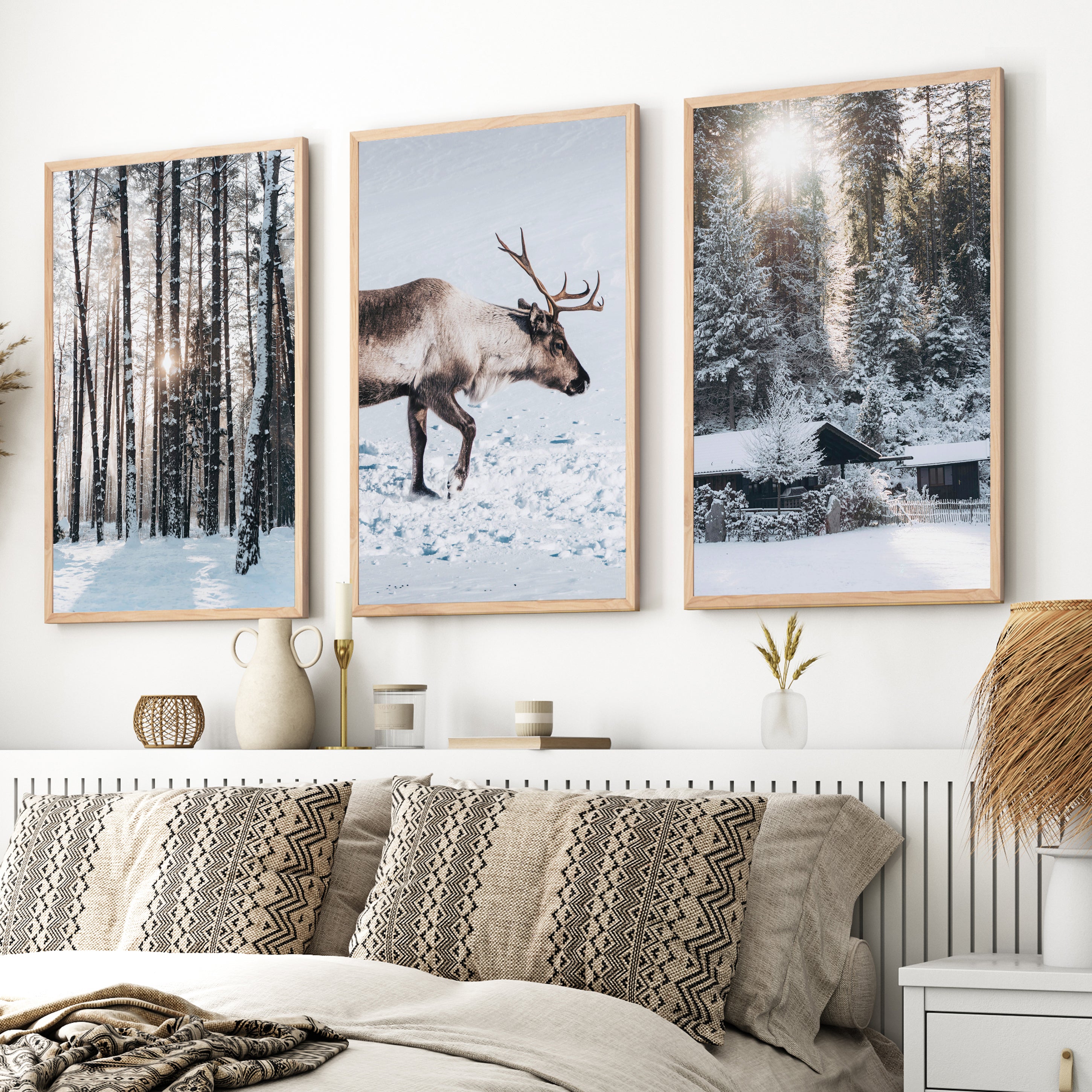 Winter Art Prints – Snowy Deer, Forest & Rustic Cabin - Natural Wood Framed Poster No Border - Artworksets