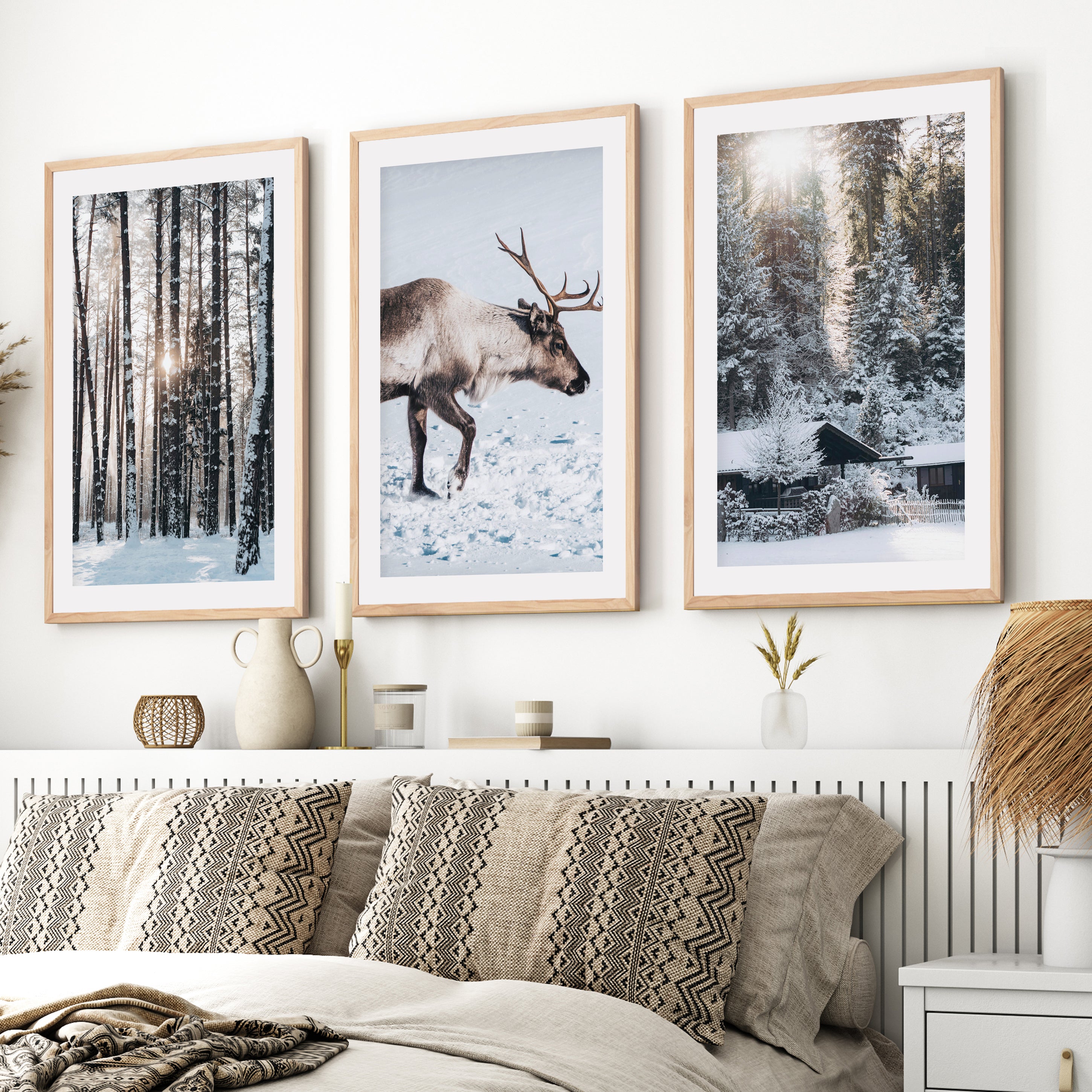 Winter Art Prints – Snowy Deer, Forest & Rustic Cabin- Natural Wood Framed Poster with White Border - Artworksets