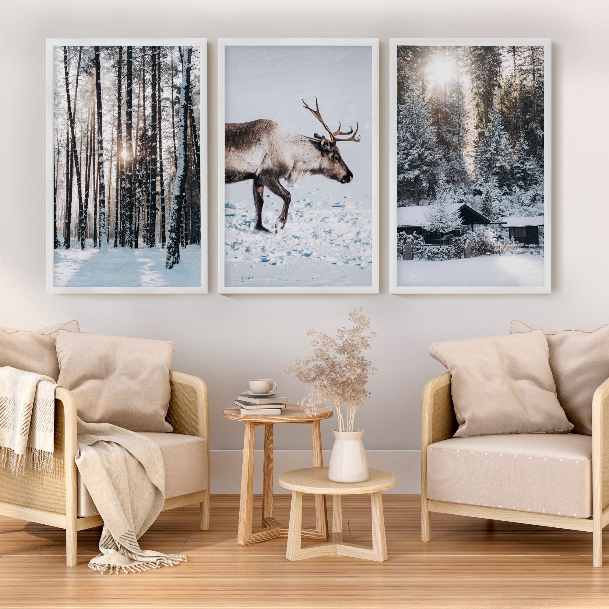 Winter Art Prints – Snowy Deer, Forest & Rustic Cabin - White Framed Poster No Border - Artworksets