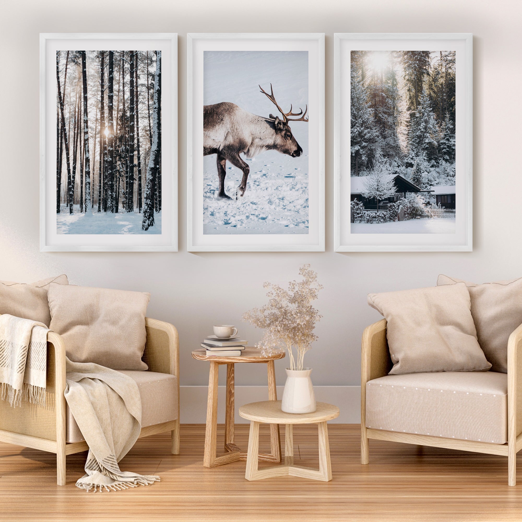 Winter Art Prints – Snowy Deer, Forest & Rustic Cabin - White Framed Poster with White Border - Artworksets