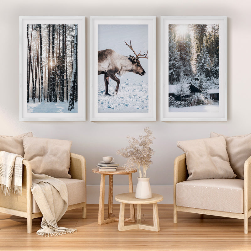 Winter Art Prints – Snowy Deer, Forest & Rustic Cabin - White Framed Poster with White Border - Artworksets