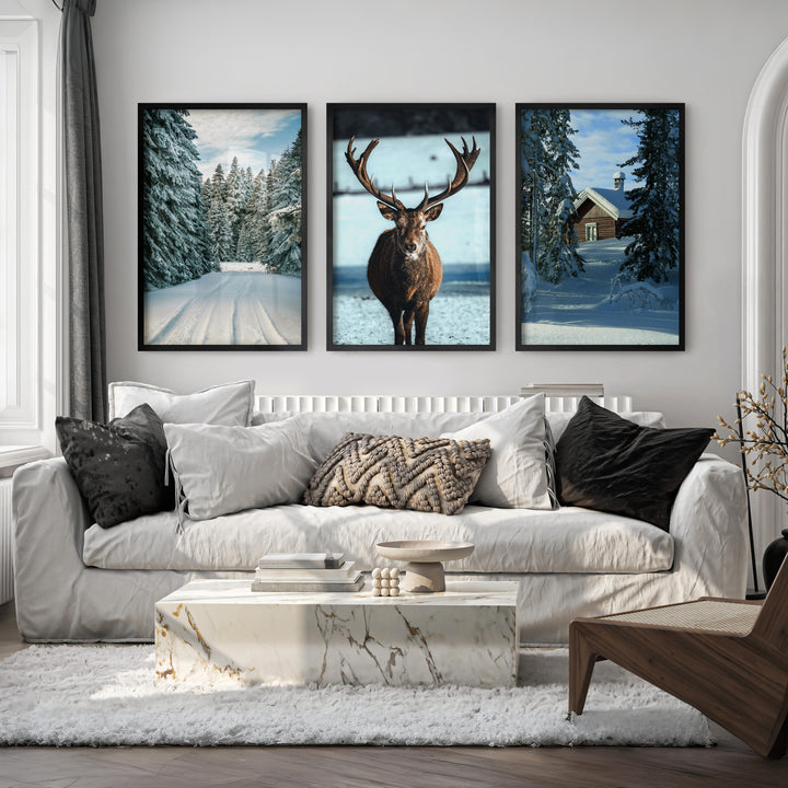 Winter Scene Wall Art – Snowy Forest, Deer & Cabin - Black Framed Poster No Border - Artworksets