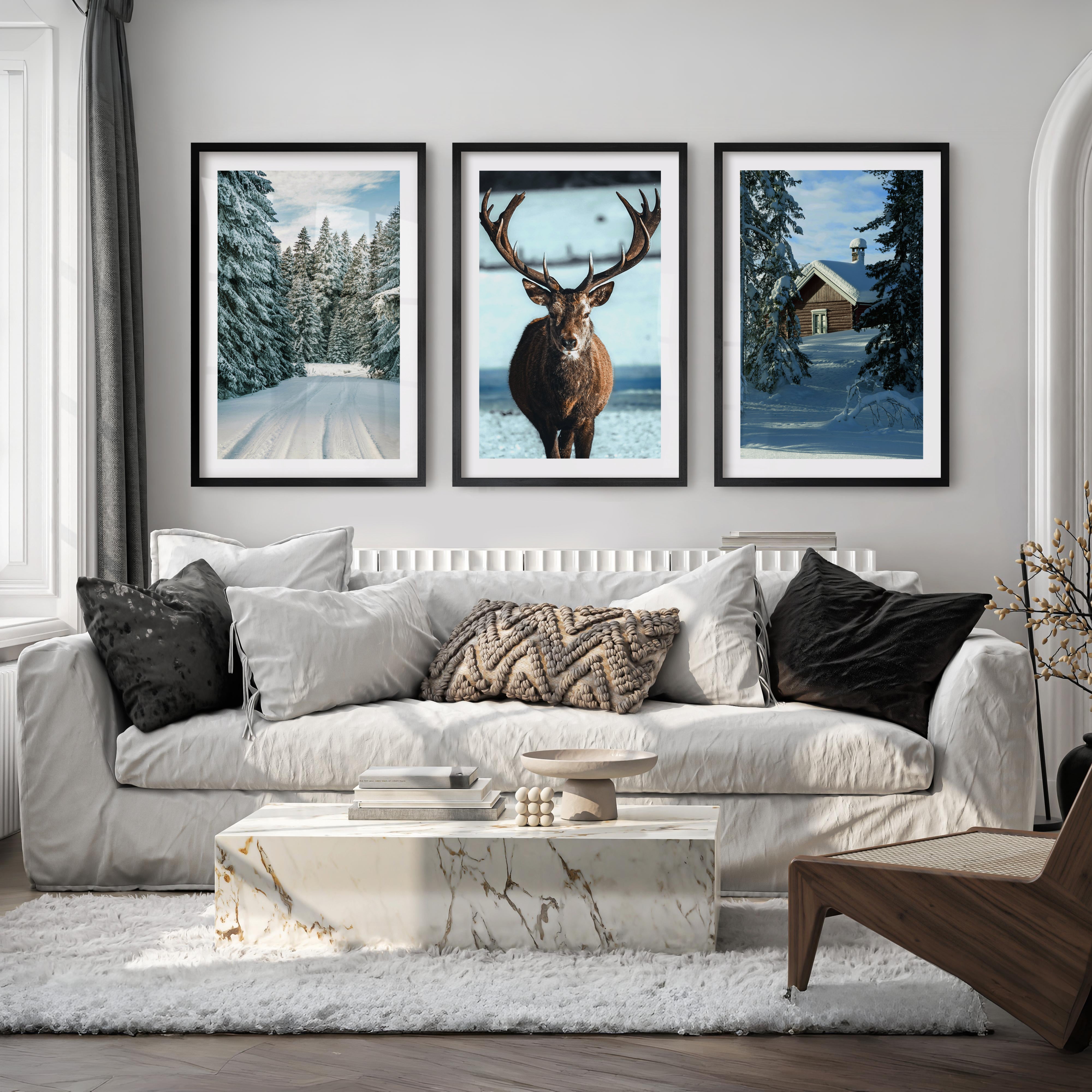 Winter Scene Wall Art – Snowy Forest, Deer & Cabin - Black Framed Poster with White Border - Artworksets