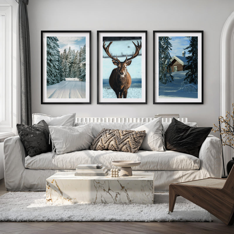 Winter Scene Wall Art – Snowy Forest, Deer & Cabin - Black Framed Poster with White Border - Artworksets