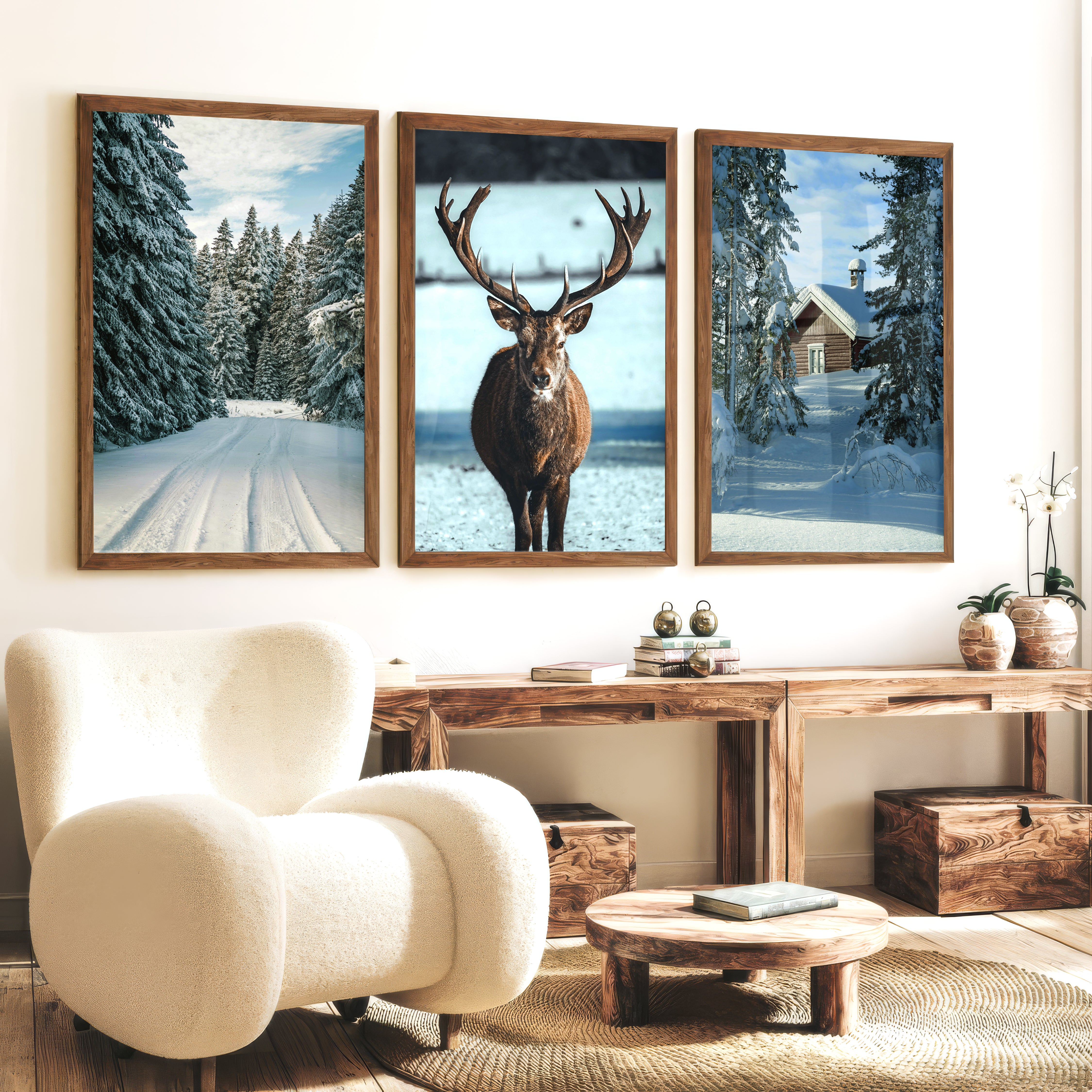 Winter Scene Wall Art – Snowy Forest, Deer & Cabin - Dark Brown Framed Poster No Border - Artworksets