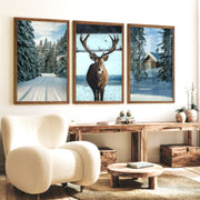 Winter Scene Wall Art – Snowy Forest, Deer & Cabin - Dark Brown Framed Poster No Border - Artworksets