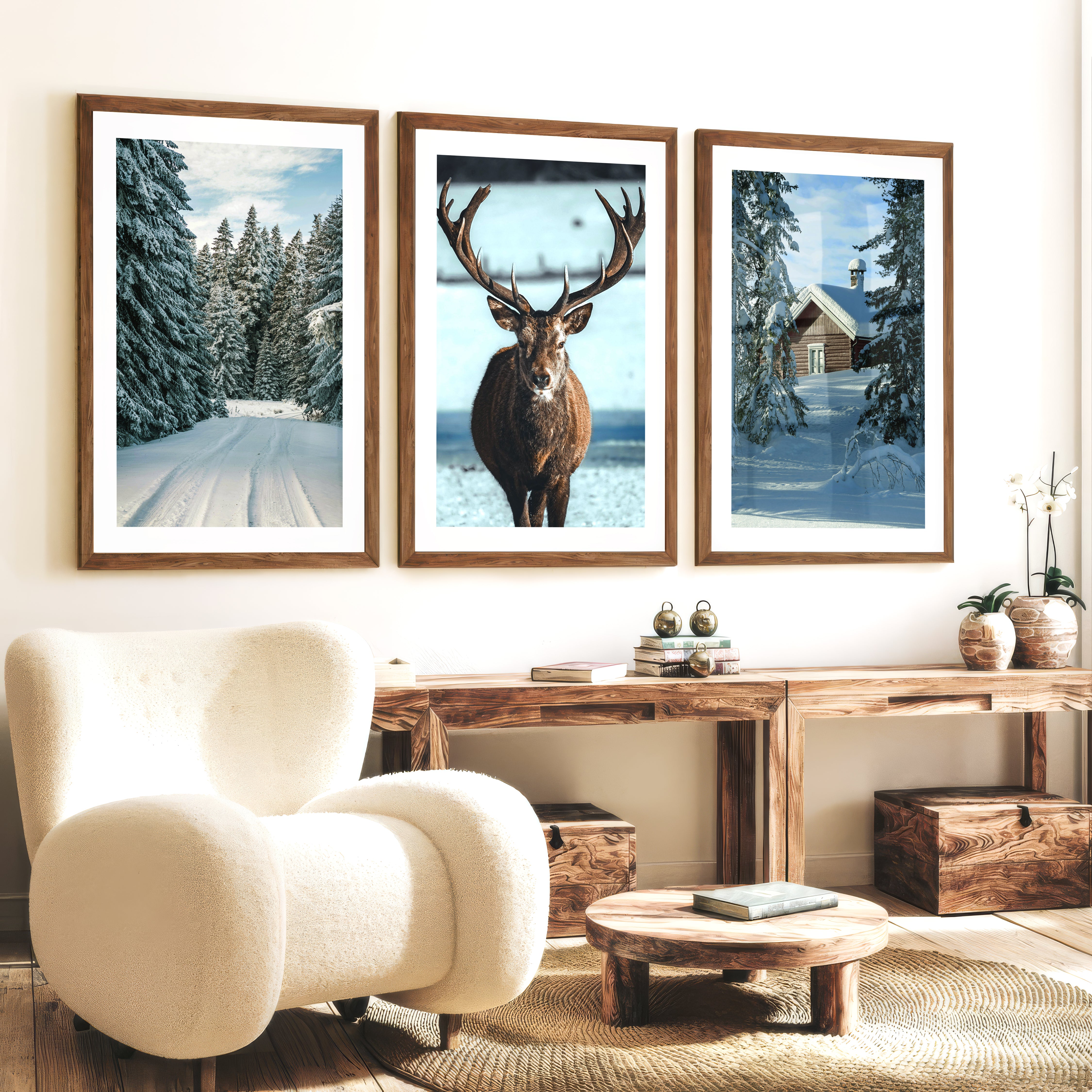 Winter Scene Wall Art – Snowy Forest, Deer & Cabin - Dark Brown Framed Poster with White Border - Artworksets