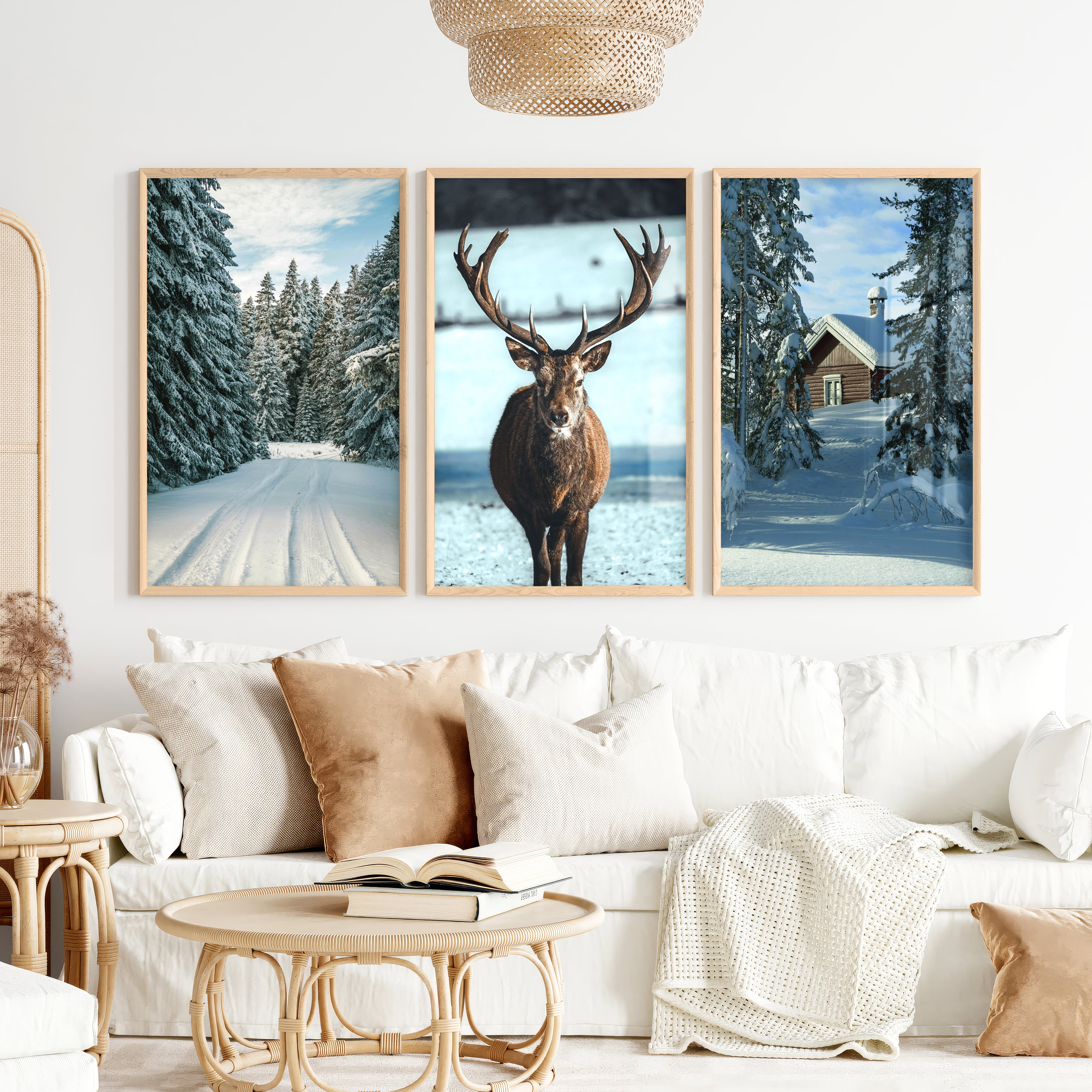 Winter Scene Wall Art – Snowy Forest, Deer & Cabin - Natural Wood Framed Poster No Border - Artworksets